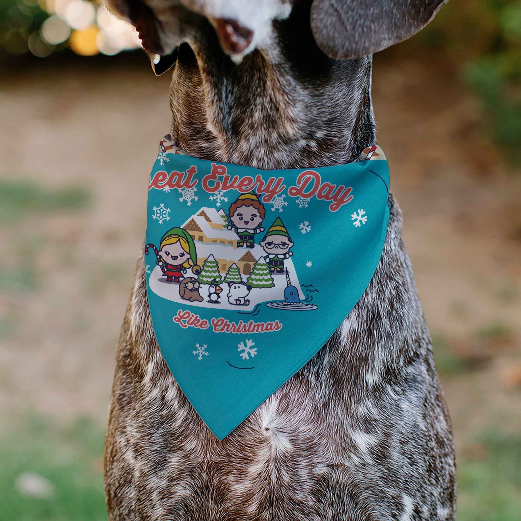 Buckle-Down Elf Treat Everyday Like Christmas Buddy and Friends Pose Blue Over-the-Collar Dog Bandana