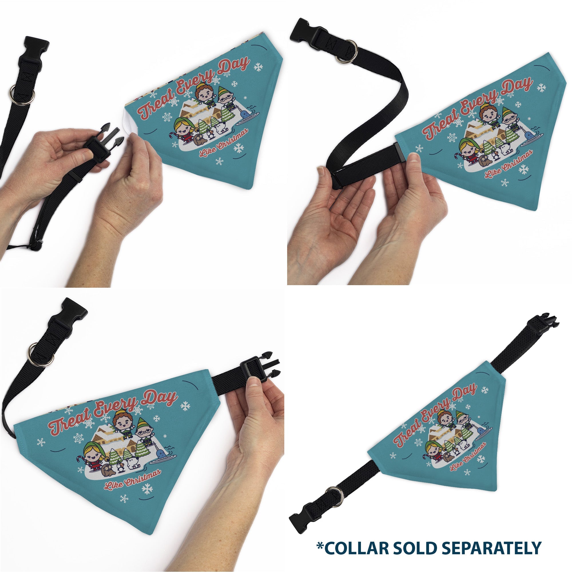 Buckle-Down Elf Treat Everyday Like Christmas Buddy and Friends Pose Blue Over-the-Collar Dog Bandana