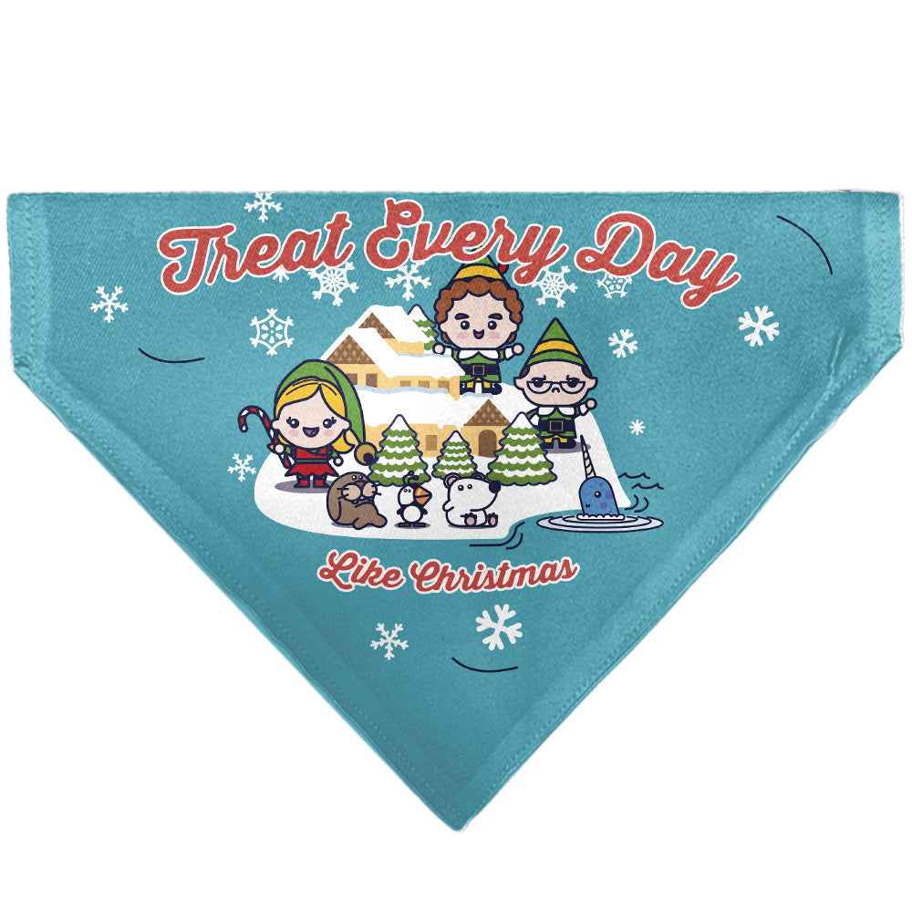 Buckle-Down Elf Treat Everyday Like Christmas Buddy and Friends Pose Blue Over-the-Collar Dog Bandana