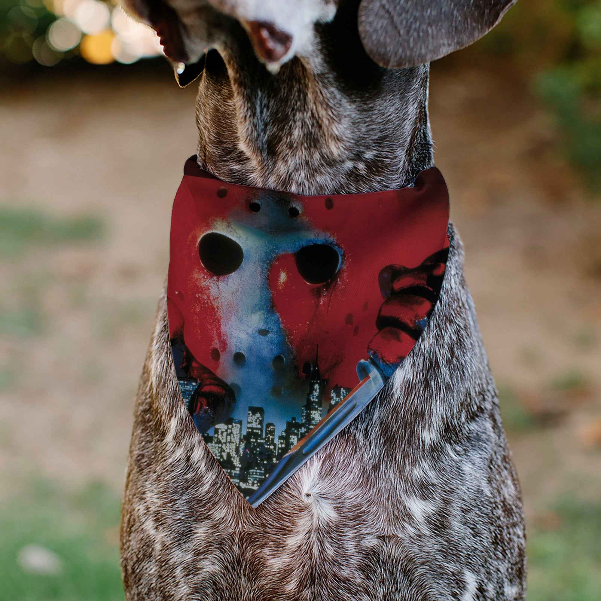 Buckle-Down Friday The 13TH Jason Hockey Mask Cityscape and Title Logo Black/Red Over-the-Collar Dog Bandana