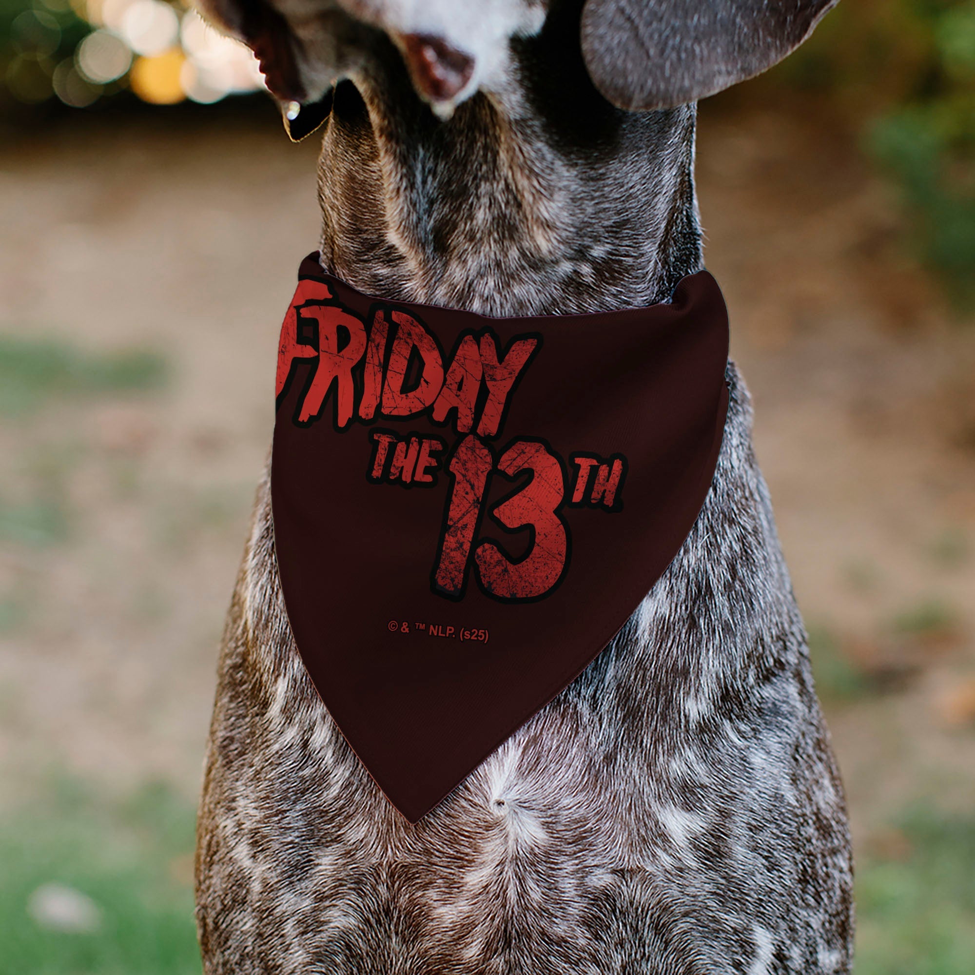Buckle-Down Friday The 13TH Jason Hockey Mask Cityscape and Title Logo Black/Red Over-the-Collar Dog Bandana