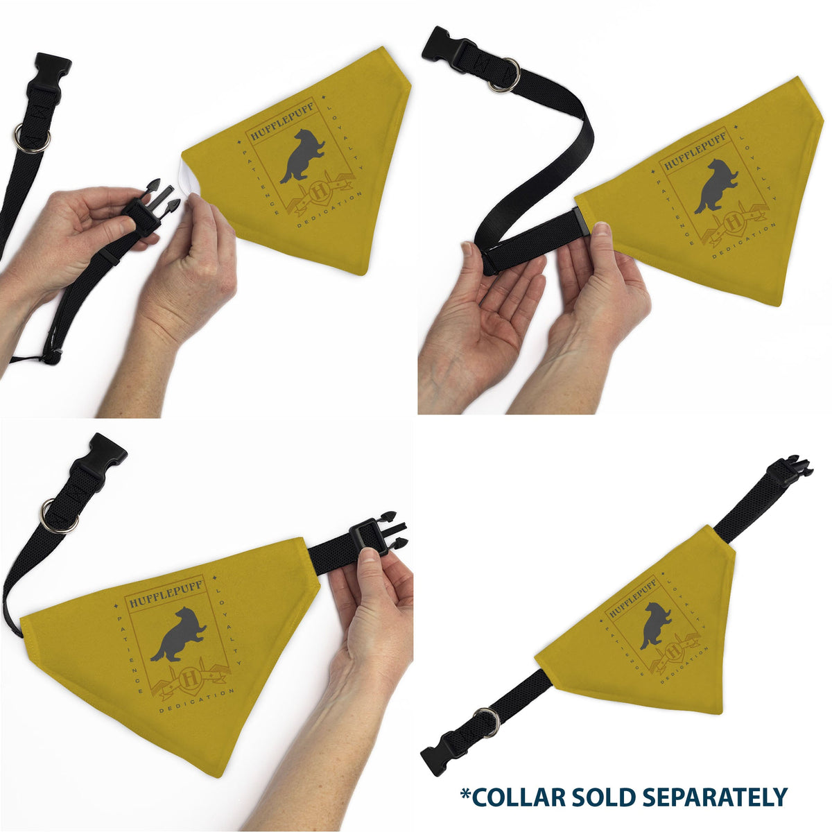 Pet Bandana - Harry Potter HUFFLEPUFF Traits Banner and Icons Yellows/Blue | HT Animal Supply