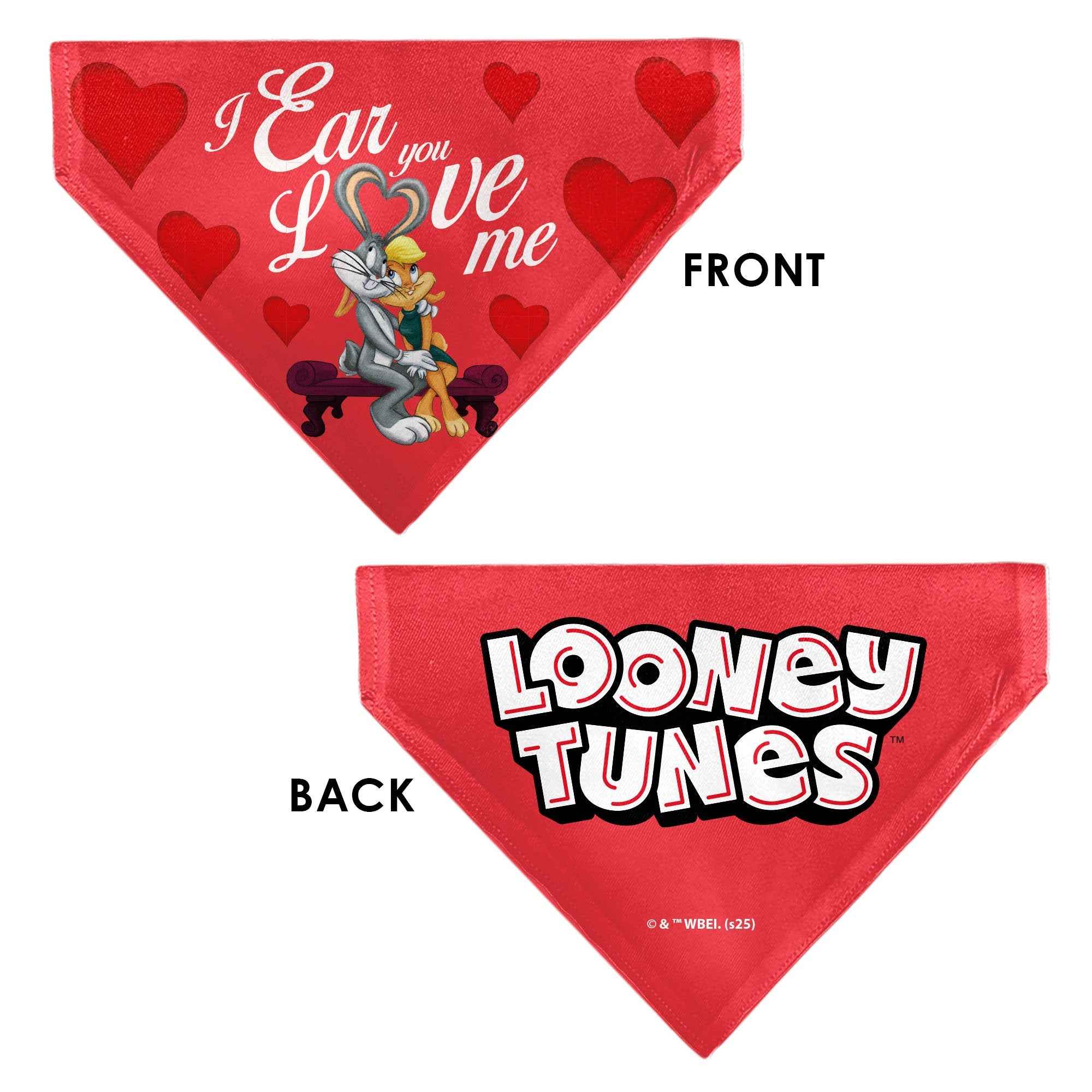 Pet Bandana - Bugs Bunny and Lola Bunny I EAR YOU LOVE ME Pose Hearts and Title Logo Reds