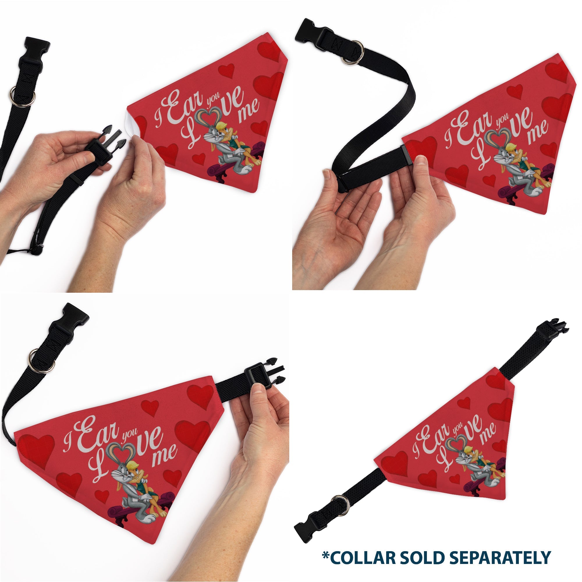 Pet Bandana - Bugs Bunny and Lola Bunny I EAR YOU LOVE ME Pose Hearts and Title Logo Reds | HT Animal Supply