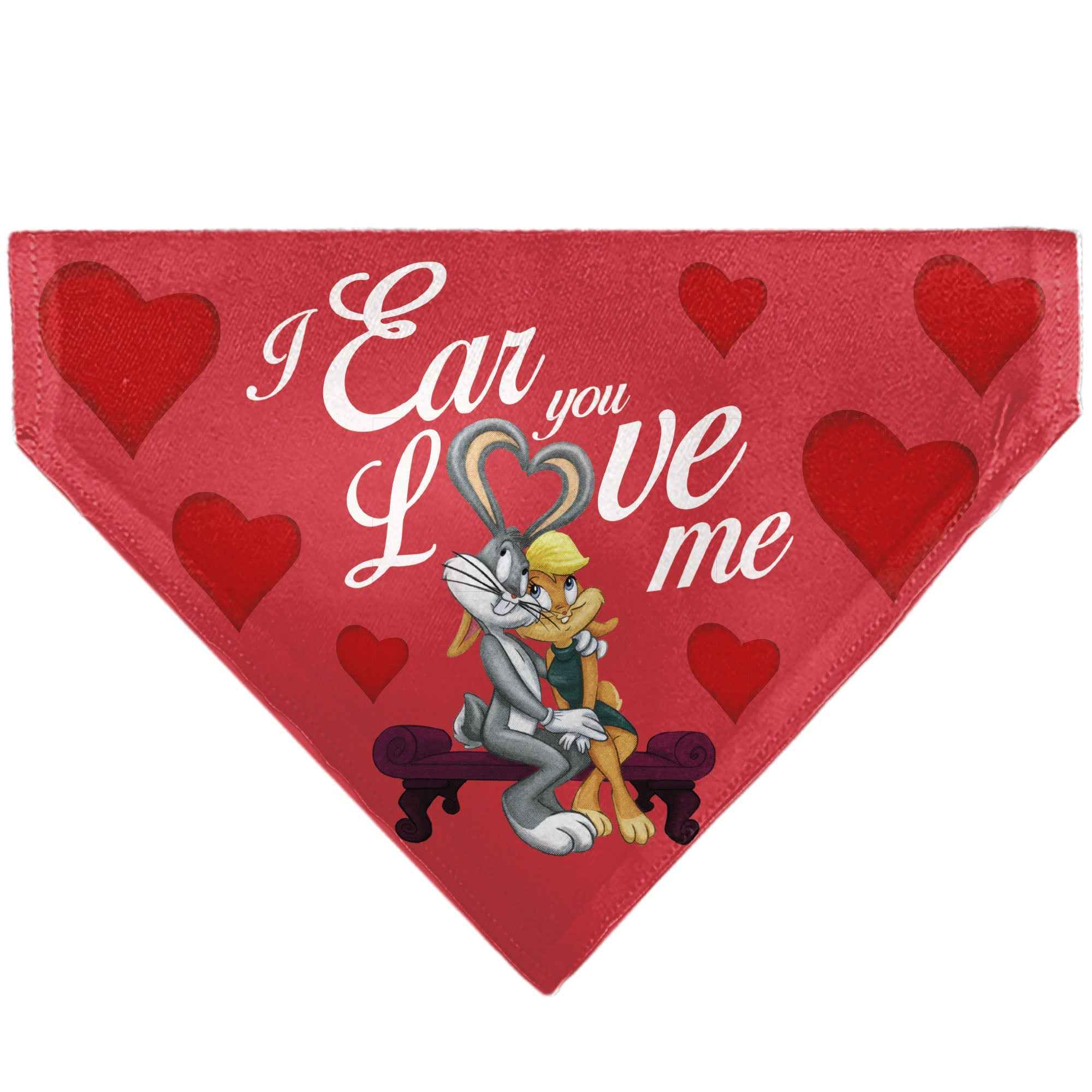 Pet Bandana - Bugs Bunny and Lola Bunny I EAR YOU LOVE ME Pose Hearts and Title Logo Reds