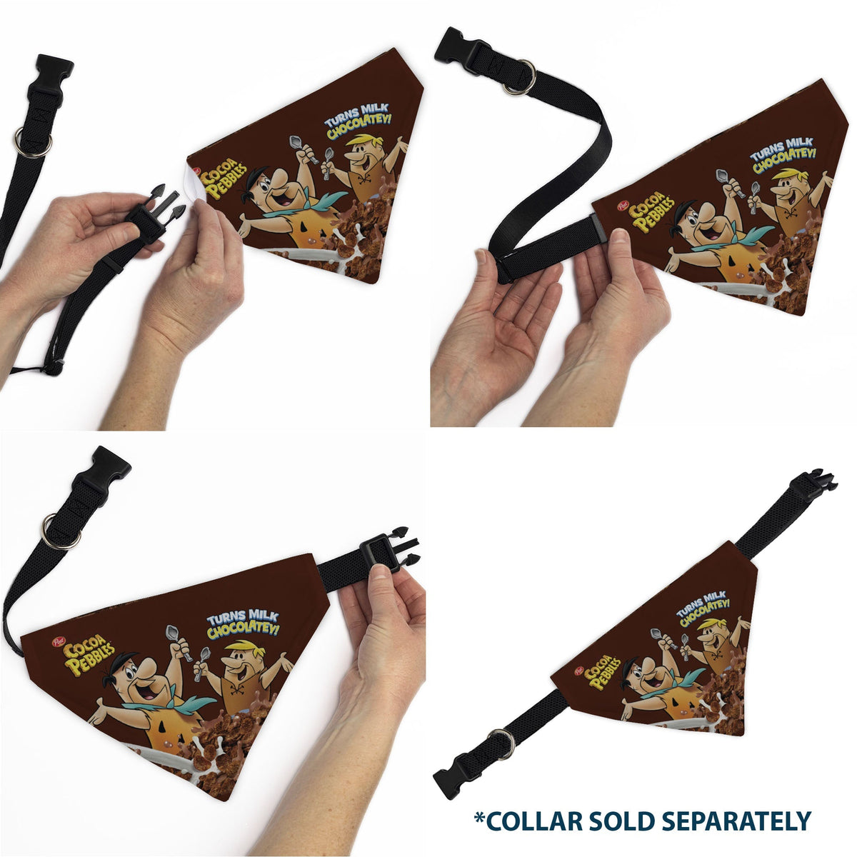 Pet Bandana - COCOA PEBBLES Fred Flintstone and Barney Rubble Cereal Box Print and Vivid Cereal Brown 