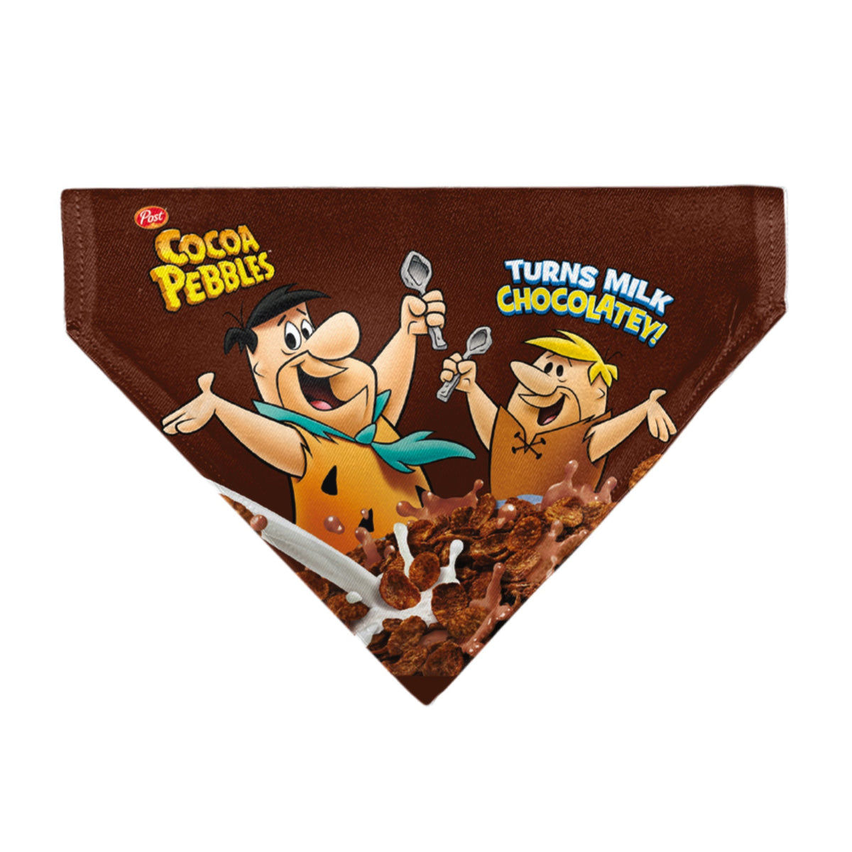 Pet Bandana - COCOA PEBBLES Fred Flintstone and Barney Rubble Cereal Box Print and Vivid Cereal Brown 