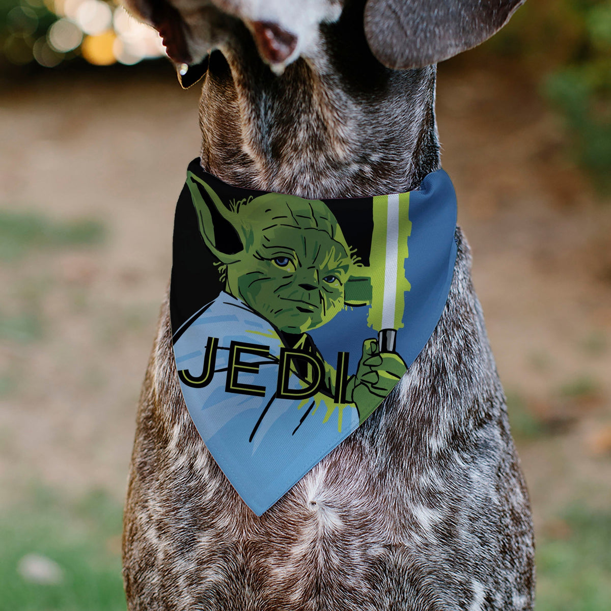 Pet Bandana - Star Wars JEDI Text and Yoda Lightsaber Pop Art Pose Black/Blues 
