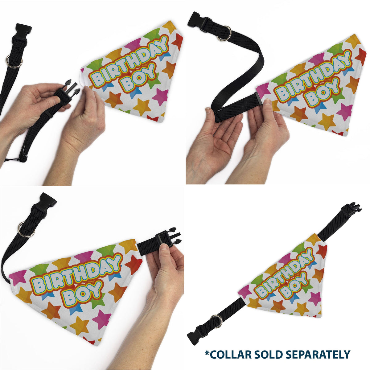 Pet Bandana - BIRTHDAY BOY Text and Stars White/Multi Color | HT Animal Supply