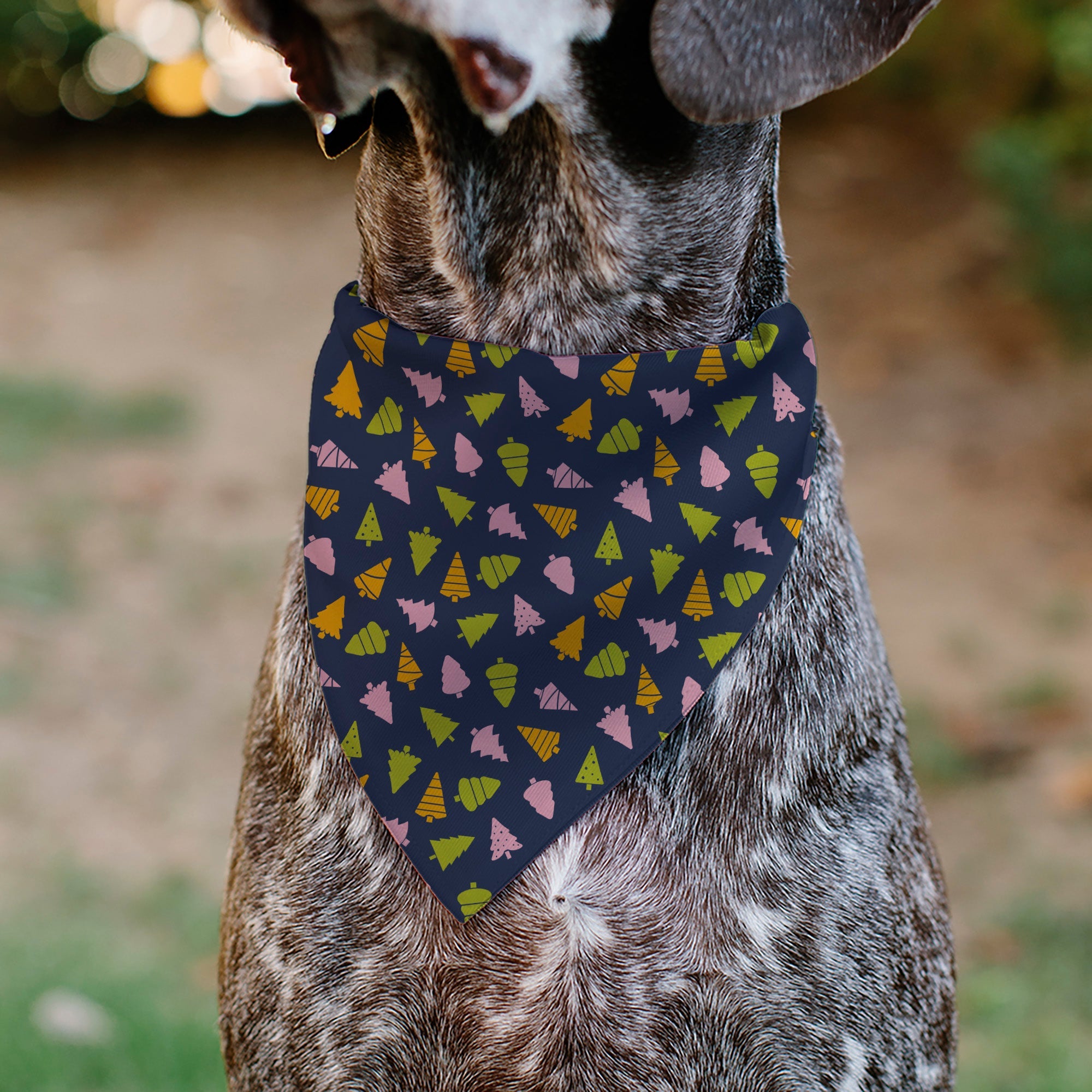 Buckle-Down Holiday Christmas Trees Collage Navy/Multicolor Over-the-Collar Dog Bandana