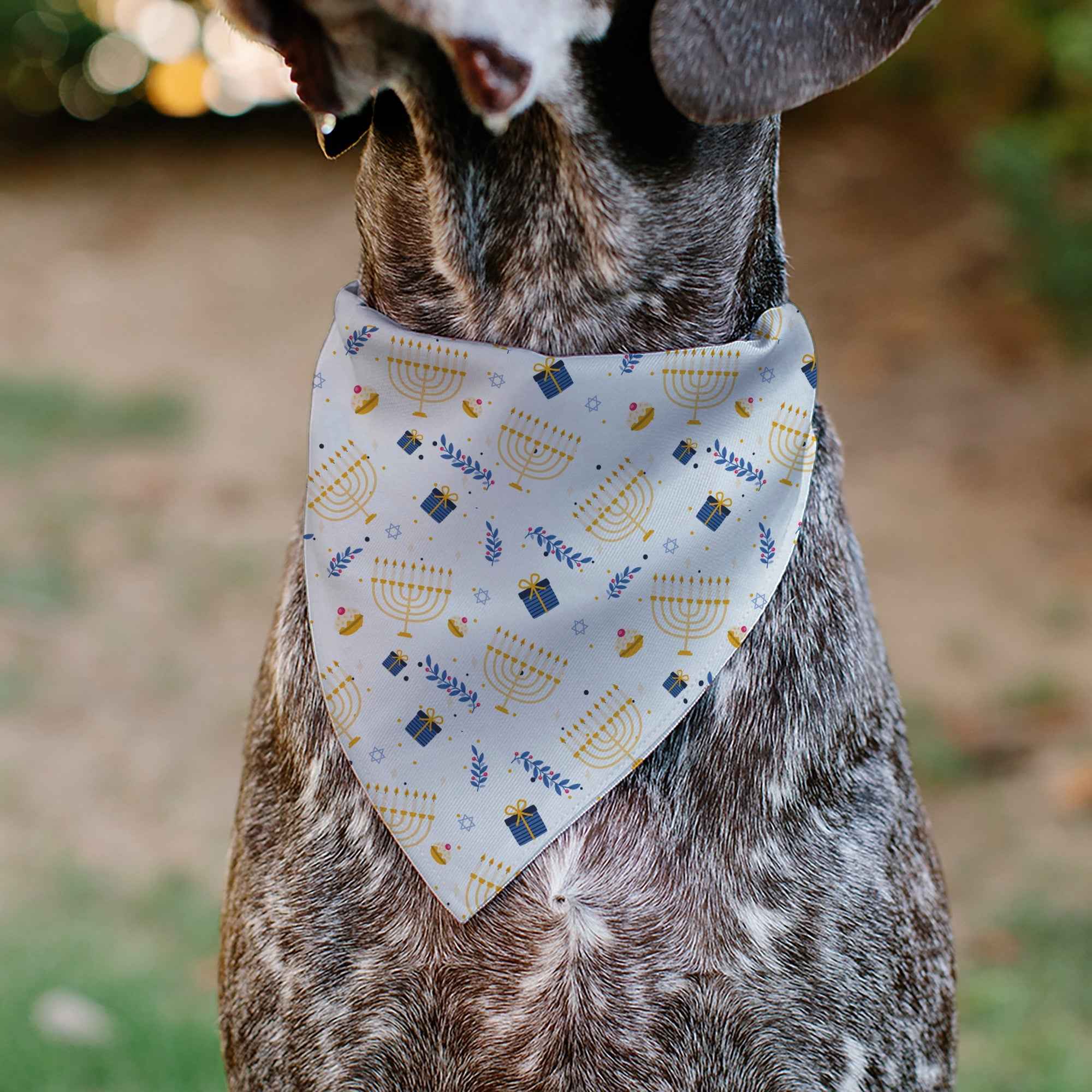 Buckle-Down Holiday Hanukkah Menorah and Gifts Collage White Over-the-Collar Dog Bandana