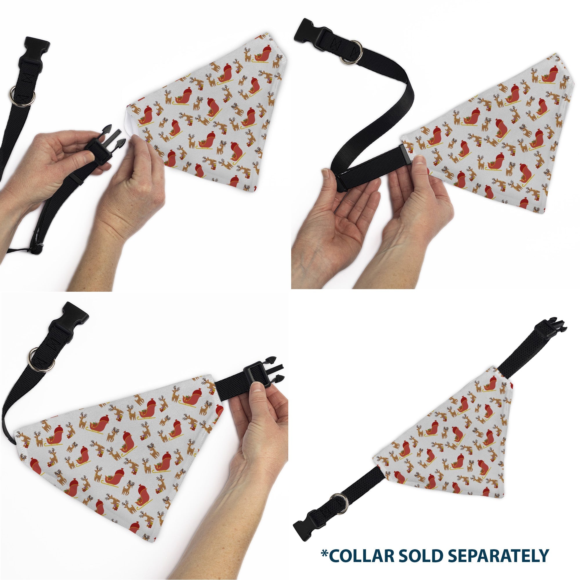 Buckle-Down Holiday Santa Reindeers and Sleigh Collage White Over-the-Collar Dog Bandana