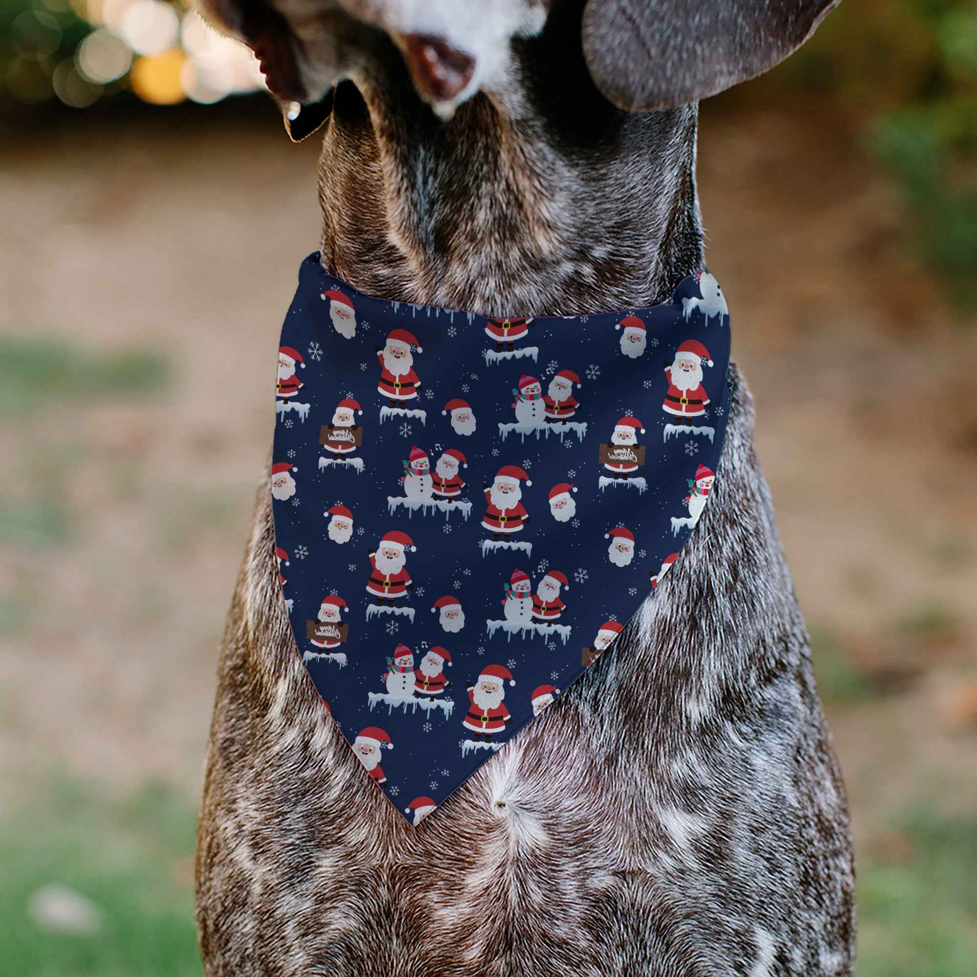 Buckle-Down Holiday Santa and Snowman Collage Navy Over-the-Collar Dog Bandana