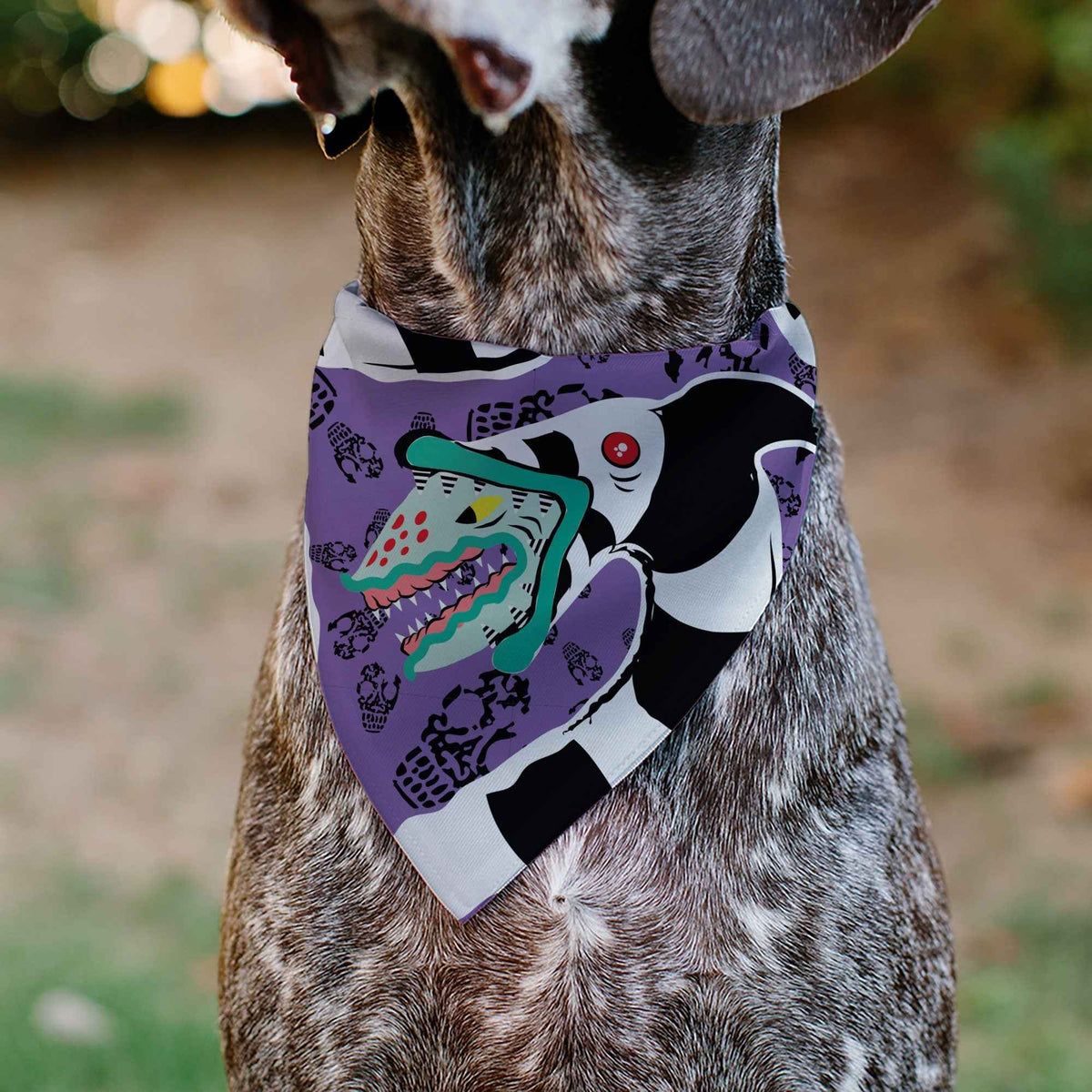 Pet Bandana - Beetlejuice Sandworm Pose and Skulls Icon Purple/Black