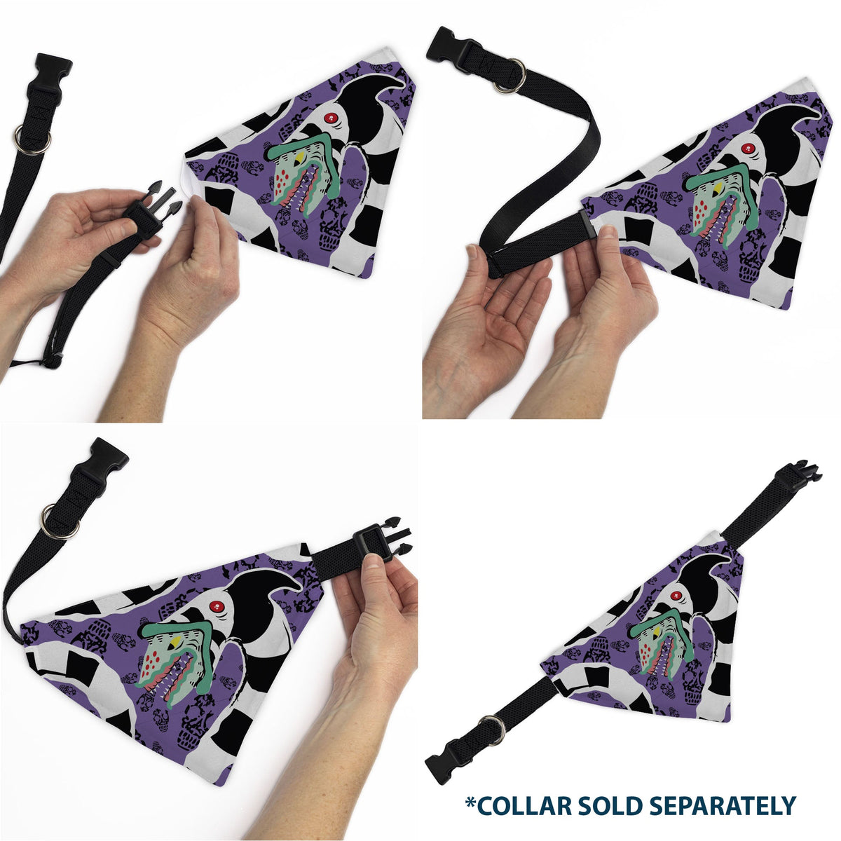 Pet Bandana - Beetlejuice Sandworm Pose and Skulls Icon Purple/Black | HT Animal Supply