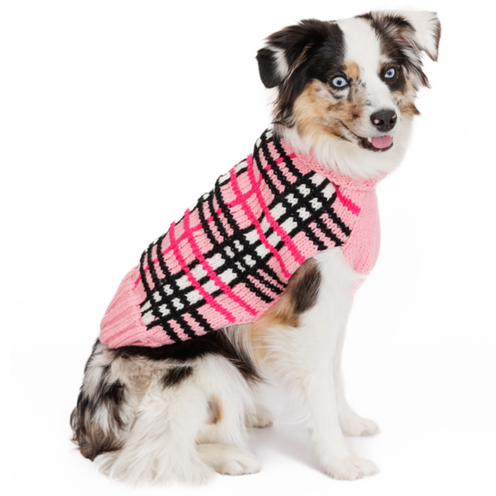 Chilly Dog Derby Pink Plaid Knit Wool Dog Sweater