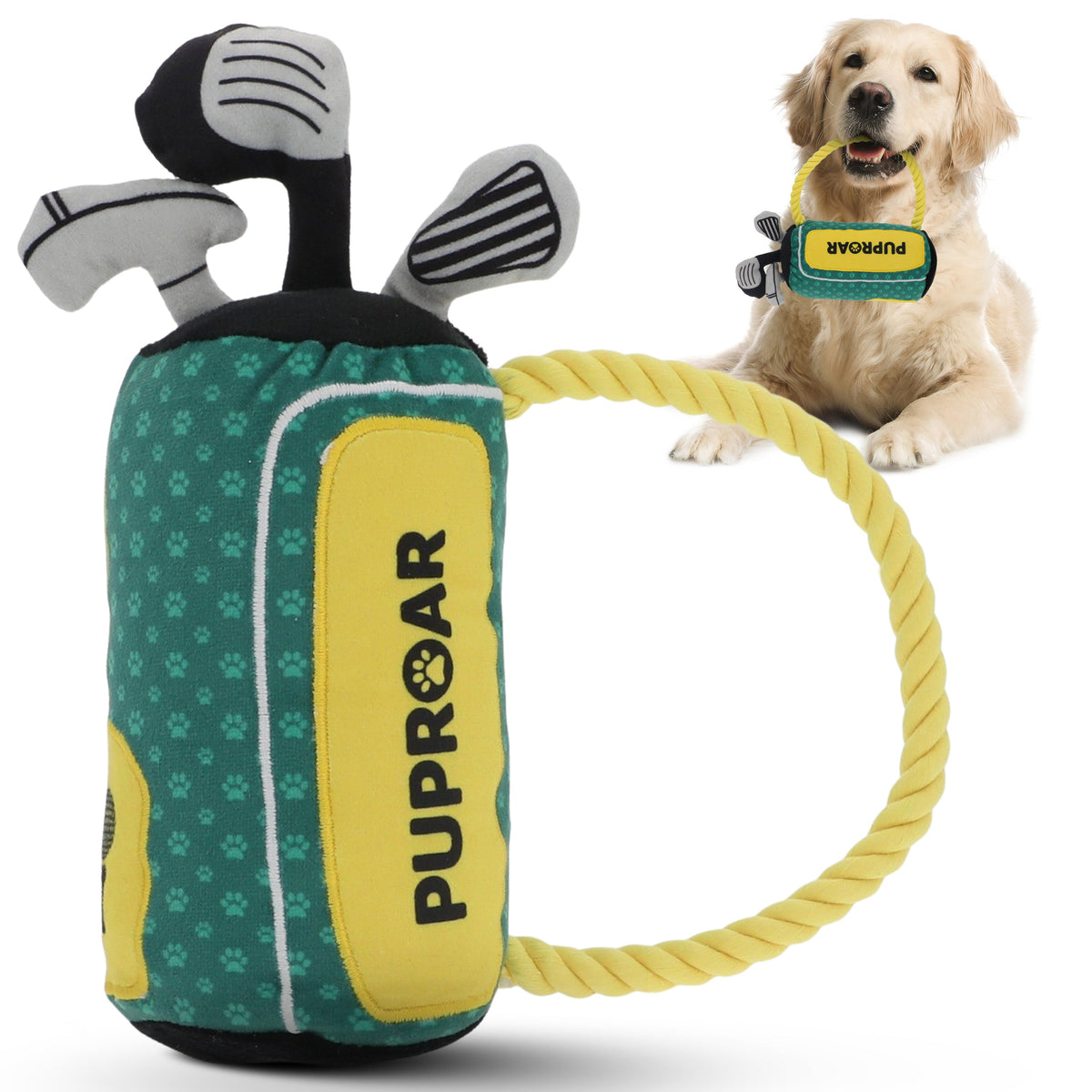 PUPROAR Golf Dog Toy - Cute Squeaky Plush Dog Toy with Rope and Crinkle