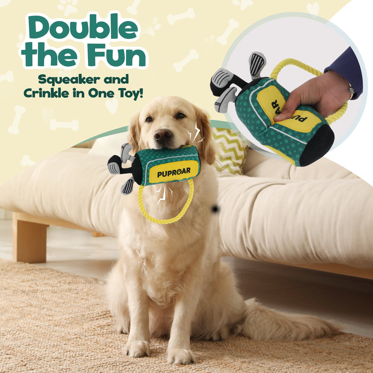 PUPROAR Golf Dog Toy - Cute Squeaky Plush Dog Toy with Rope and Crinkle