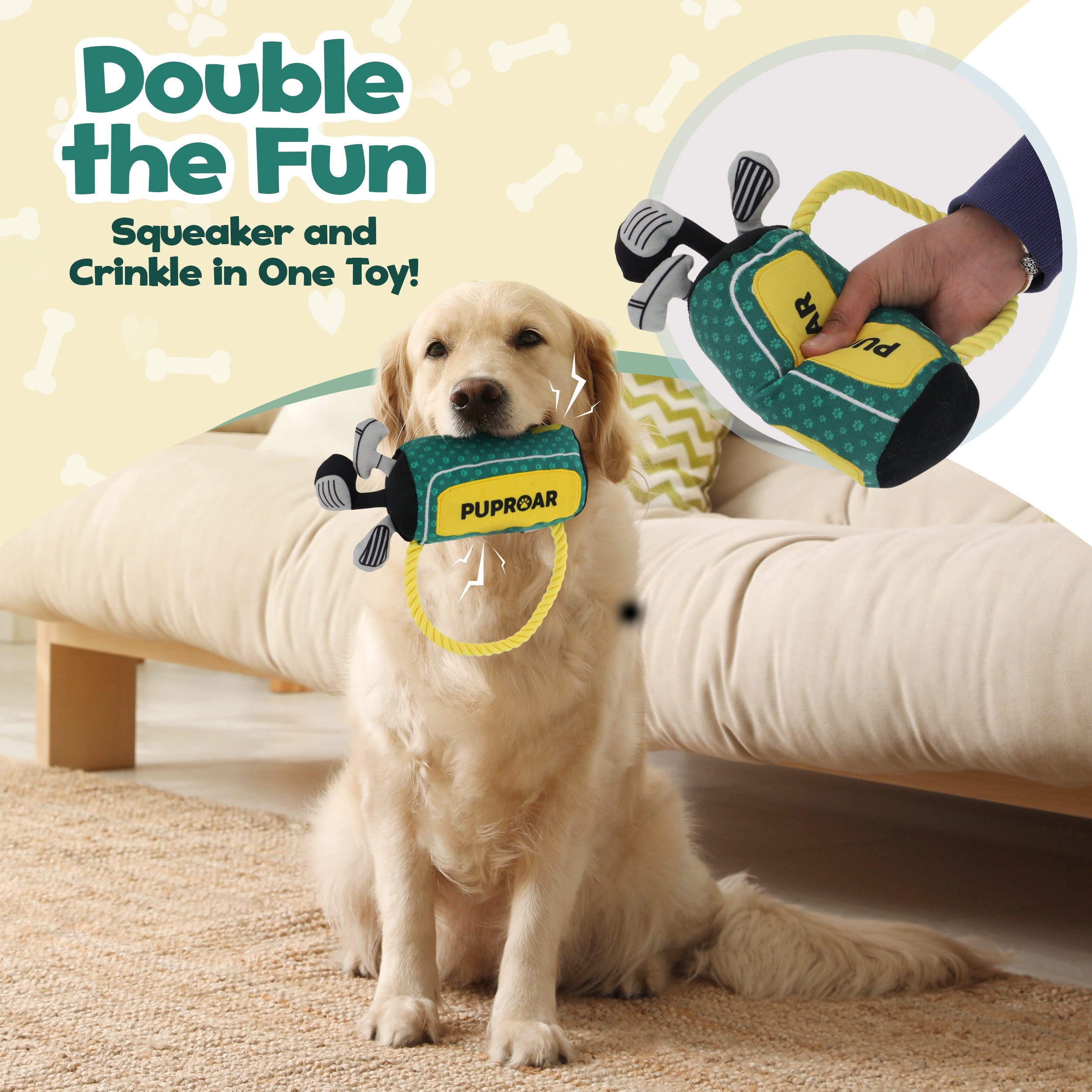 PUPROAR Golf Dog Toy - Cute Squeaky Plush Dog Toy with Rope and Crinkle