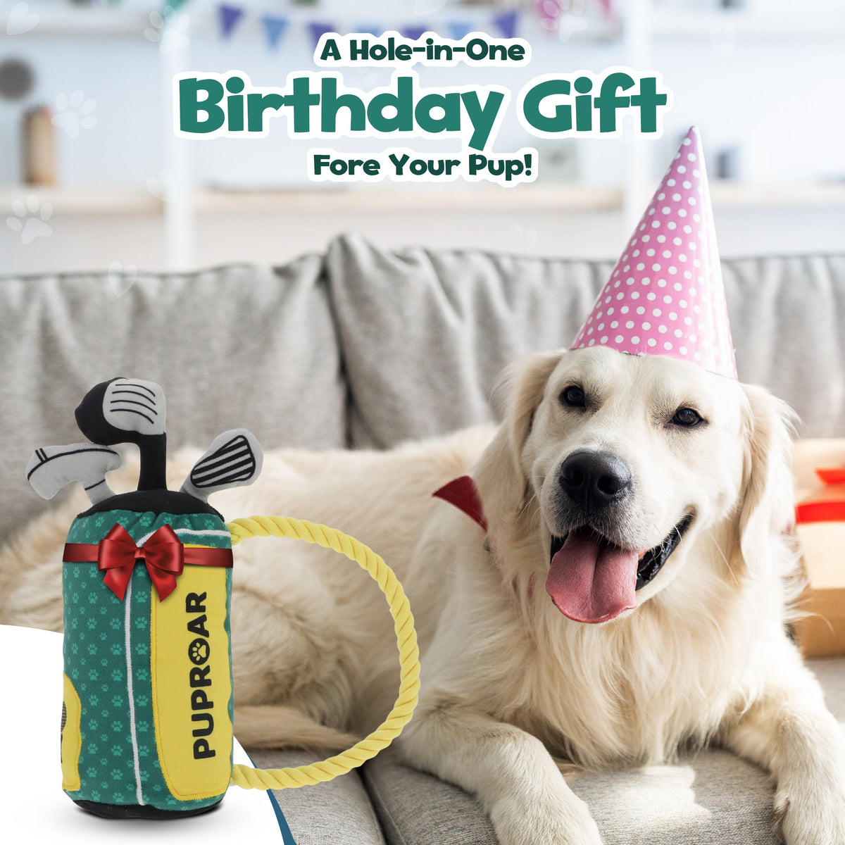 PUPROAR Golf Dog Toy - Cute Squeaky Plush Dog Toy with Rope and Crinkle