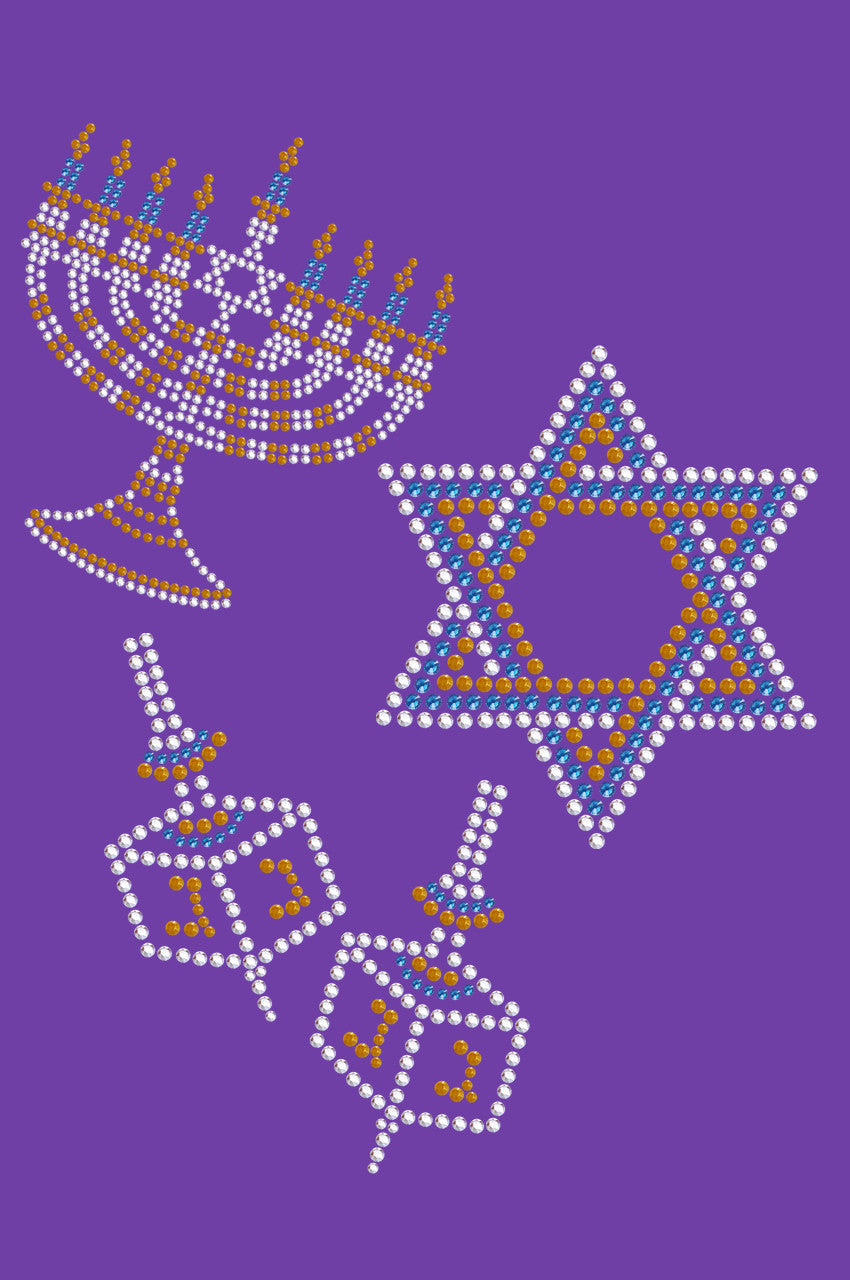 Menorah, Dreidel & Star of David (Blue, Silver, & Gold) - Womens T-shirt