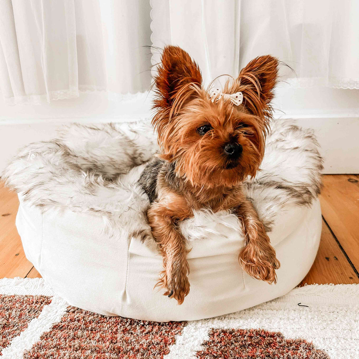 PupPoufFaux Fur Donut Dog Bed White with Brown Accents