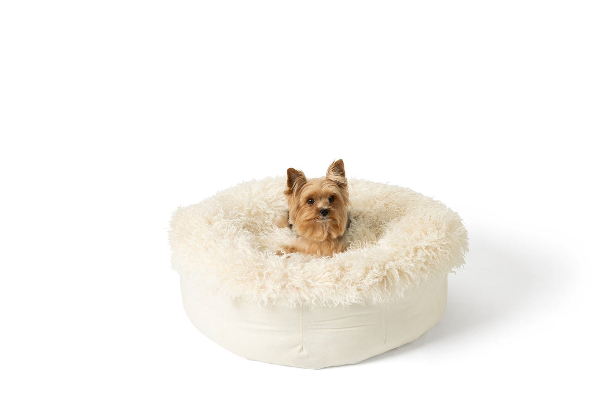 PupPoufLuxe Faux Fur Donut Dog Bed Plush Sheep Ivory