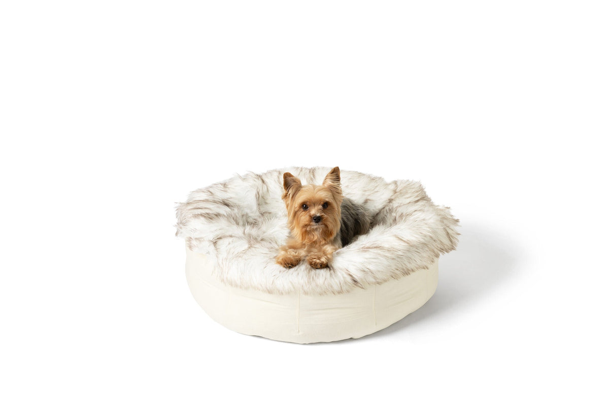 PupPoufFaux Fur Donut Dog Bed White with Brown Accents