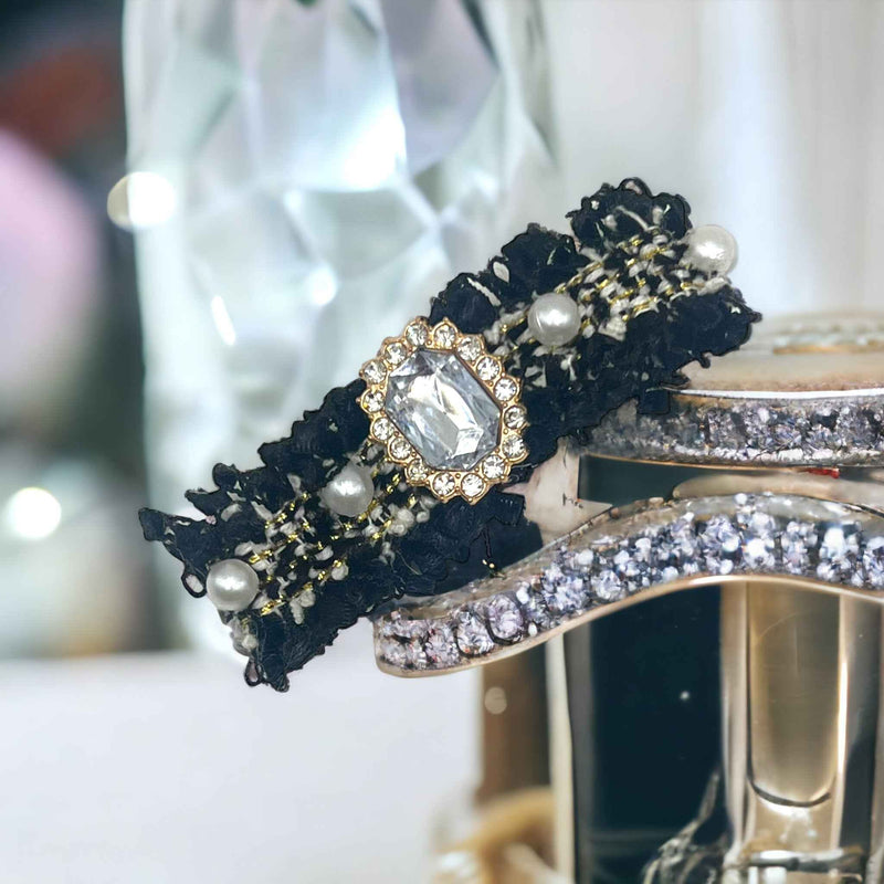 Tweed Rhinestone & Pearl Dog Hair Barrette