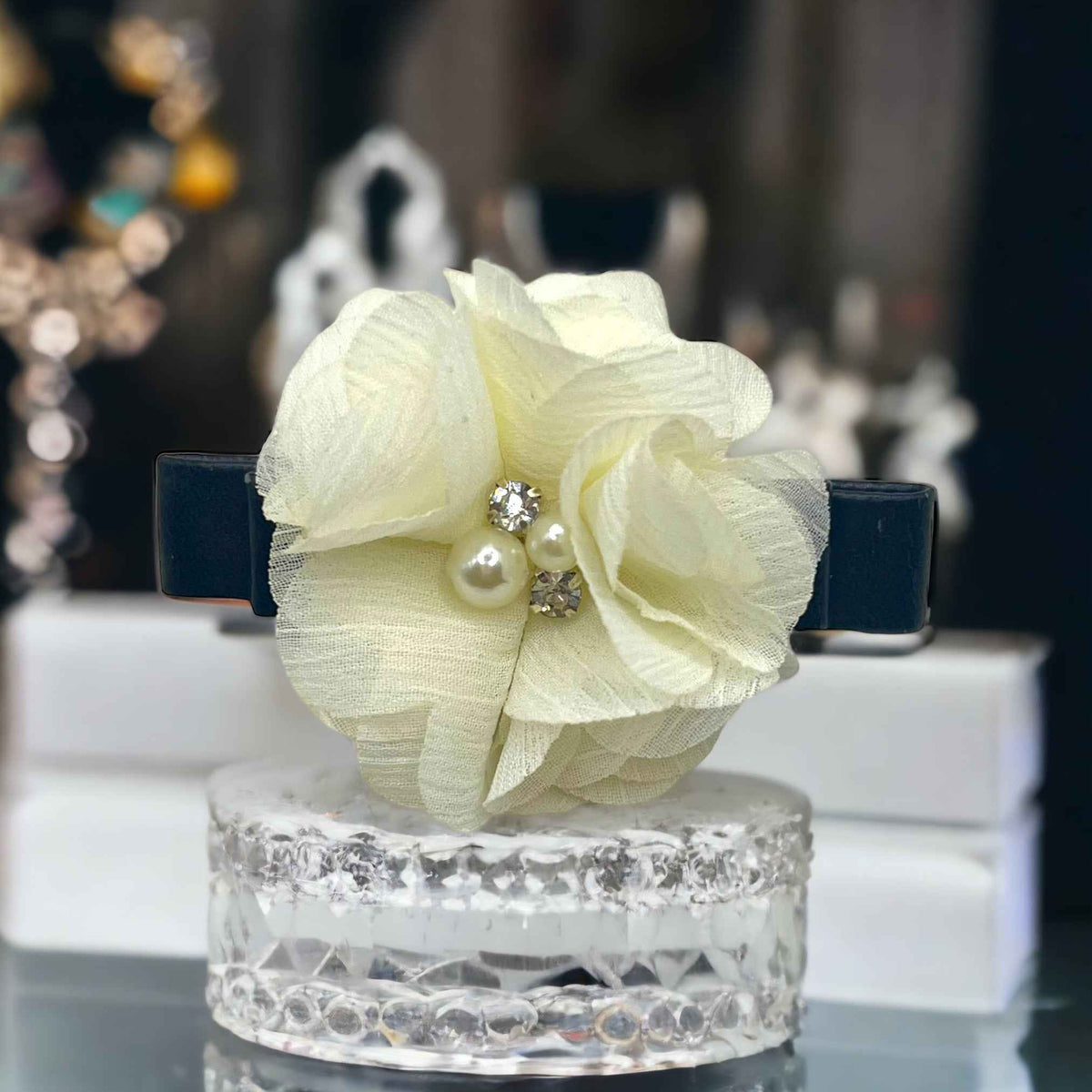 Chiffon Camellia Rose Vegan Leather Dog Hair Barrette