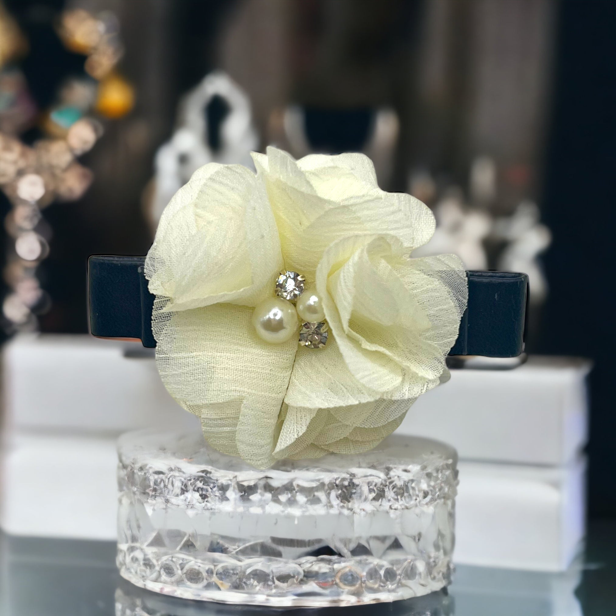 Chiffon Camellia Rose Vegan Leather Dog Hair Barrette - HT Animal Supply