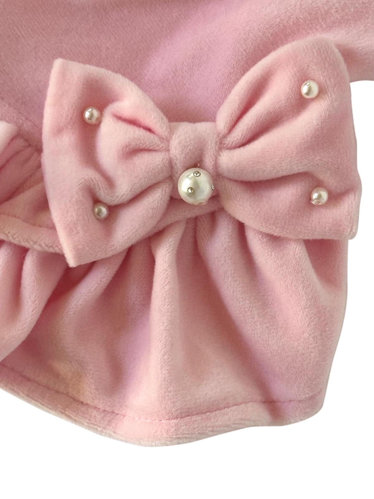 Velour Dress with Pink Bow and Pearls
