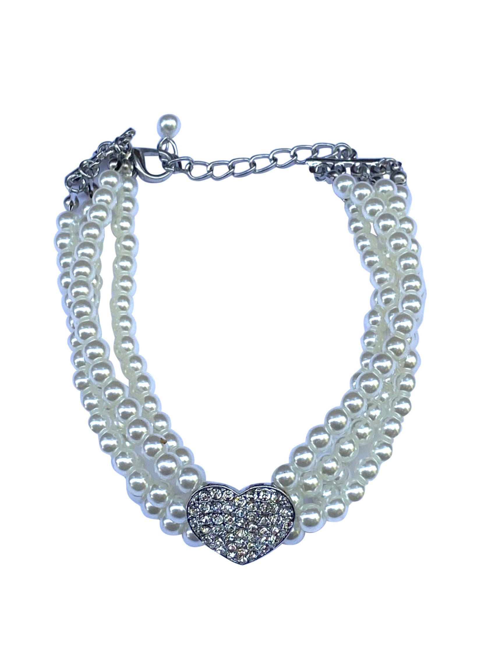 Ivory Pearl Dog Necklace with Rhinestone Heart