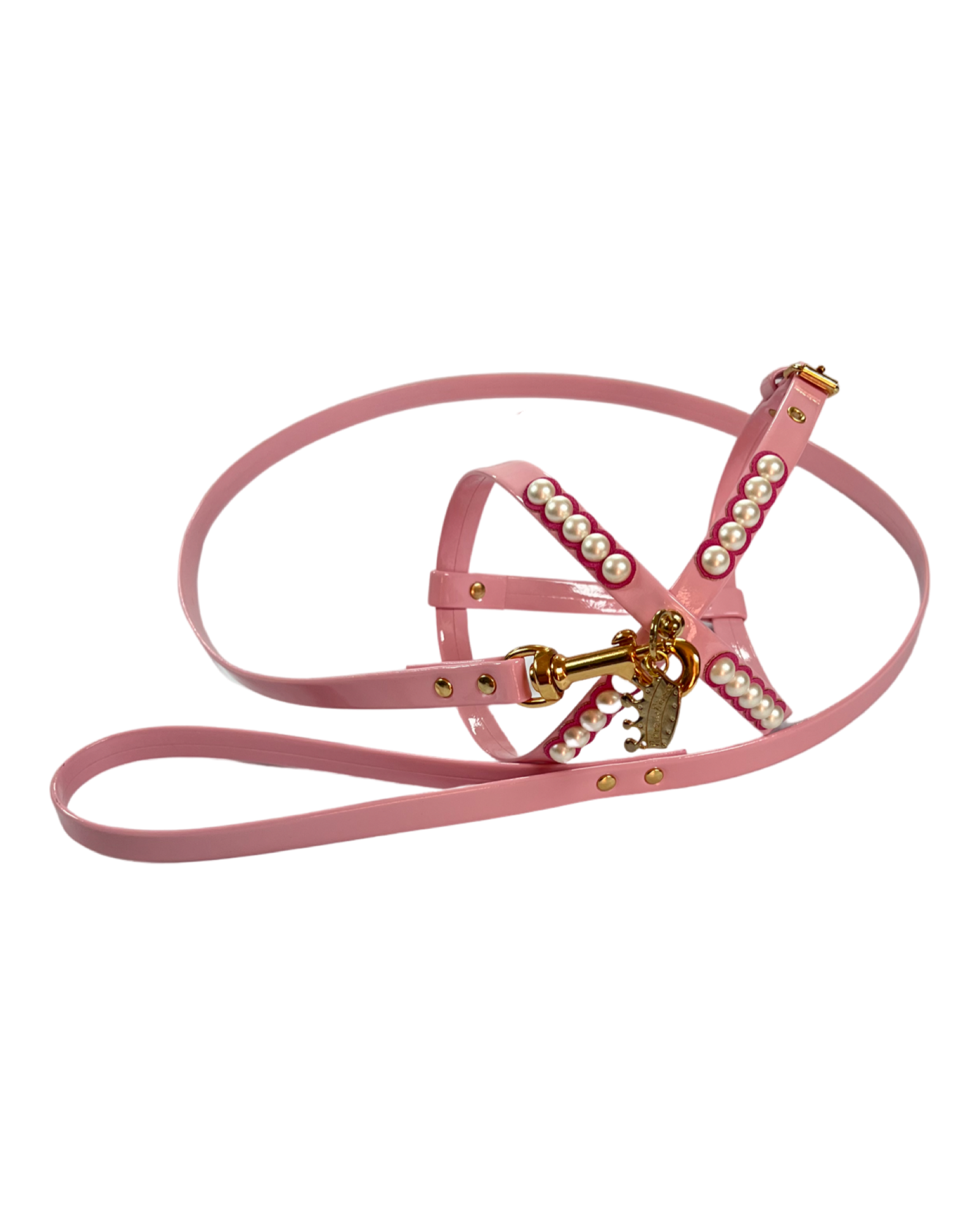 Fashion Dog Harness and Plain Leash Set - Pink with Pearls
