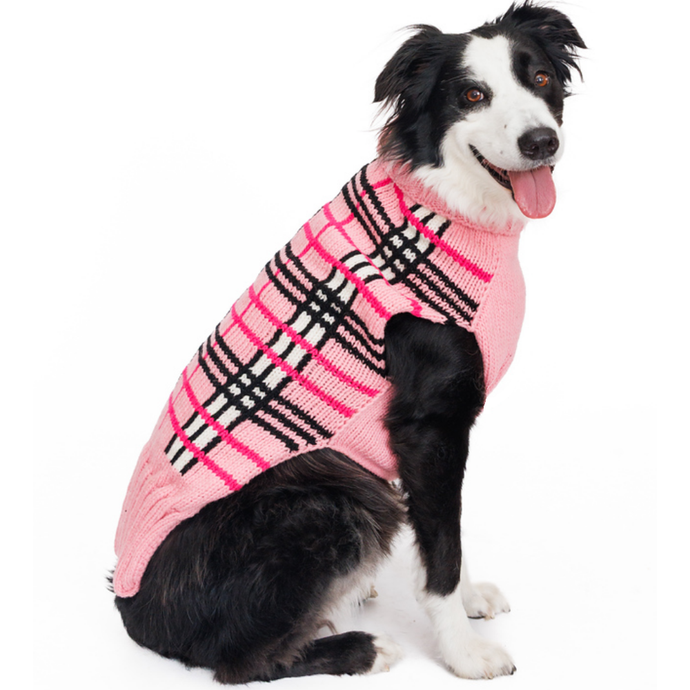 Chilly Dog Derby Pink Plaid Knit Wool Dog Sweater