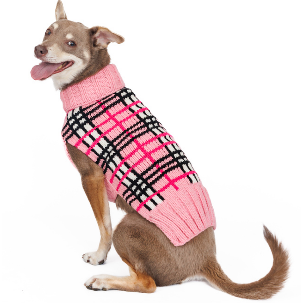 Chilly Dog Derby Pink Plaid Knit Wool Dog Sweater