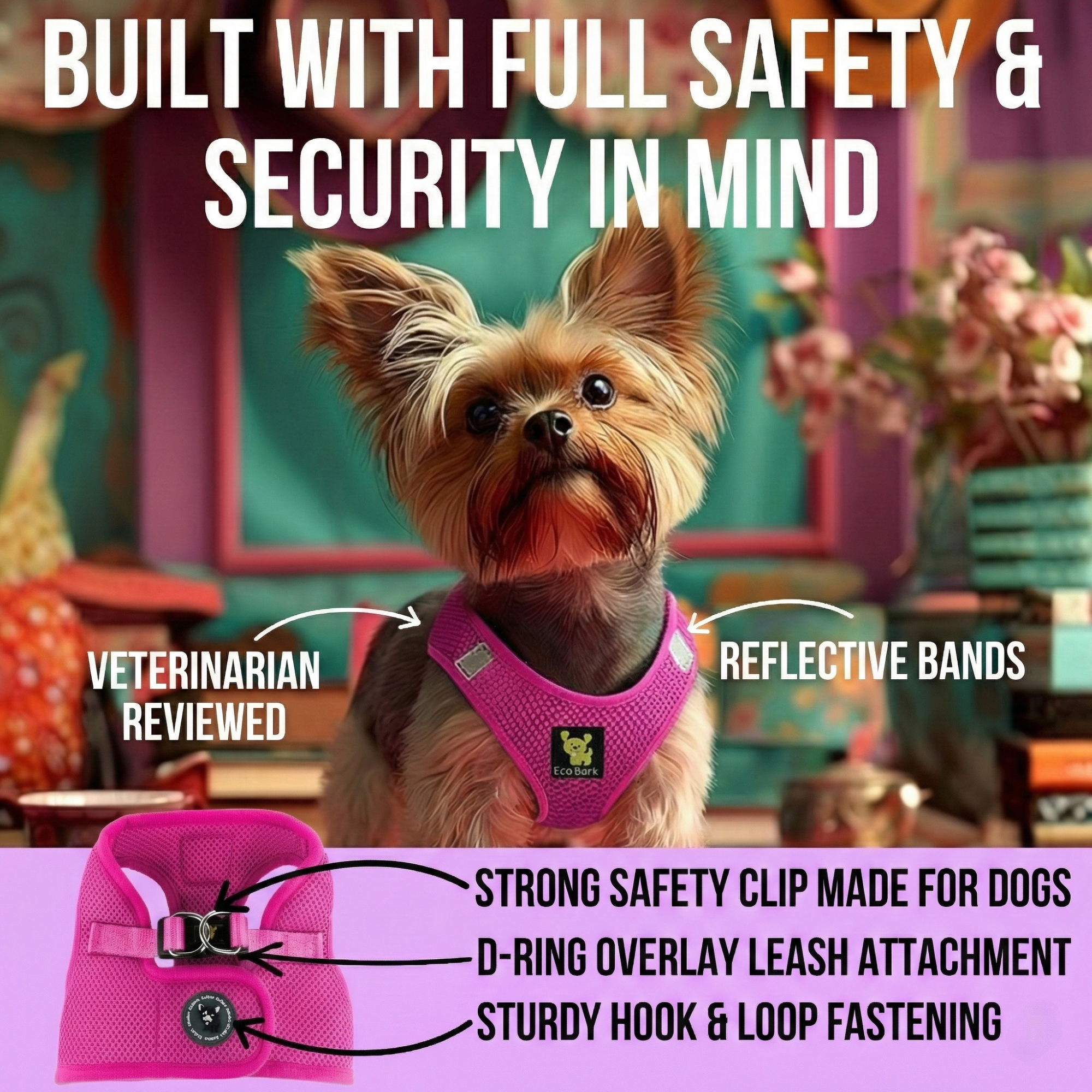 EcoBark Step In Dog Harness - Teacup & Small Breeds- Reflective Soft Mesh Harness for Teacup, Small Dogs and Puppies / Hot Pink