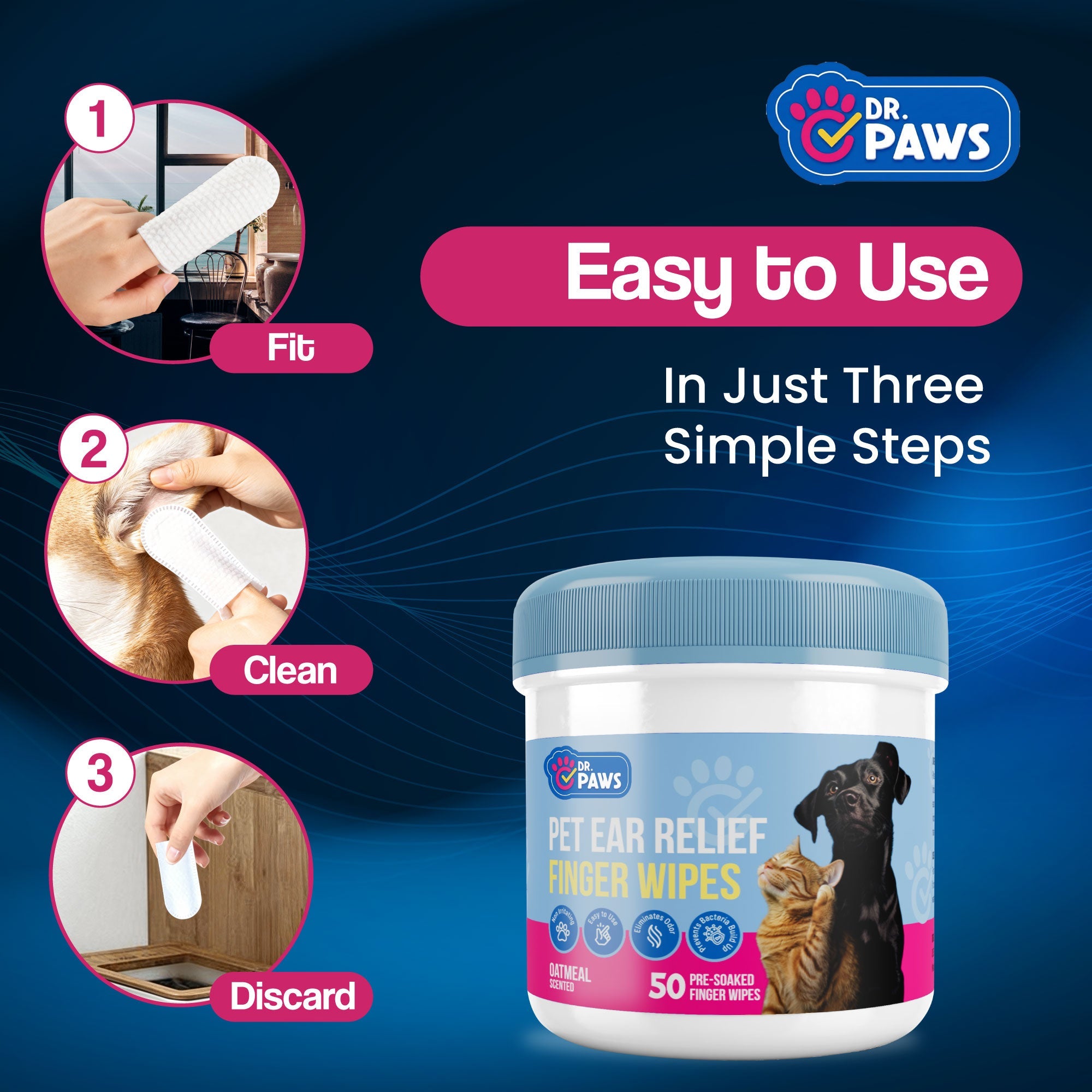 Oatmeal-Scented Ear Relief Finger Wipes for Pets (50 Count)