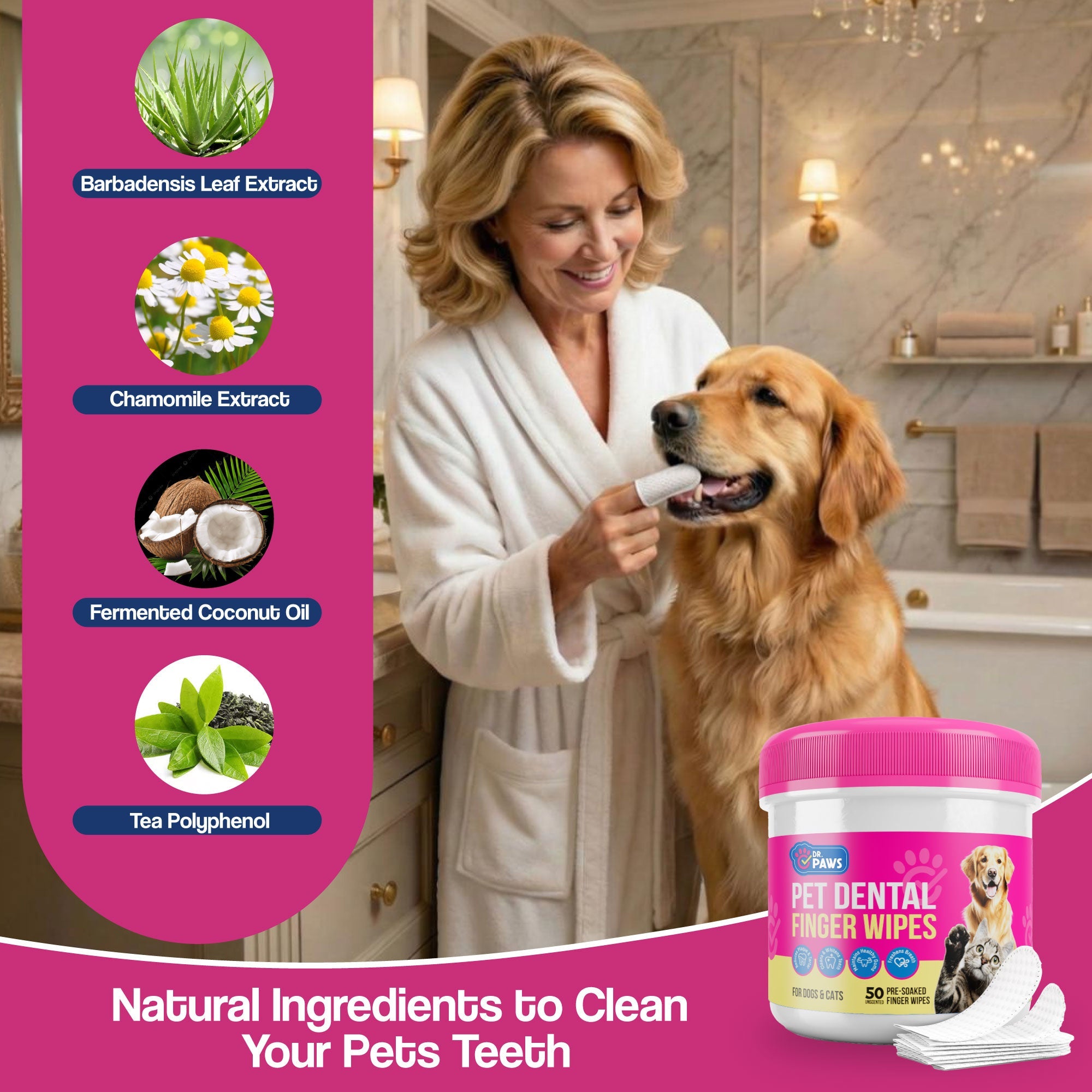 Naturally Formulated Pet Dental Finger Wipes for Teeth Cleaning (50 Count)
