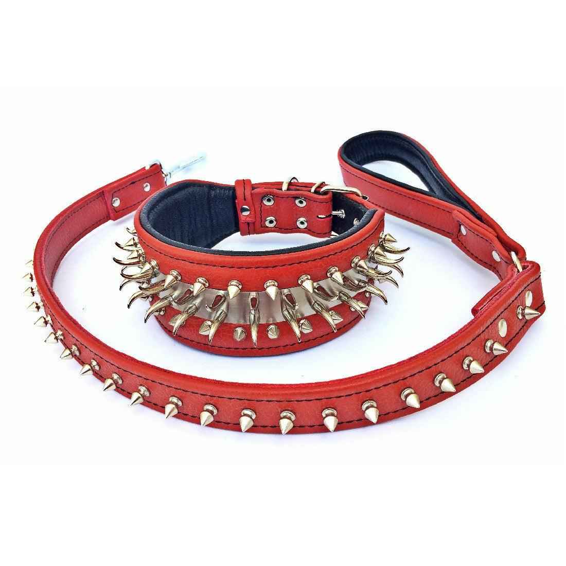 Bestia Spikes & Stainless Steel 2.8-Inch Wide Leather Dog Collar & Leash Set