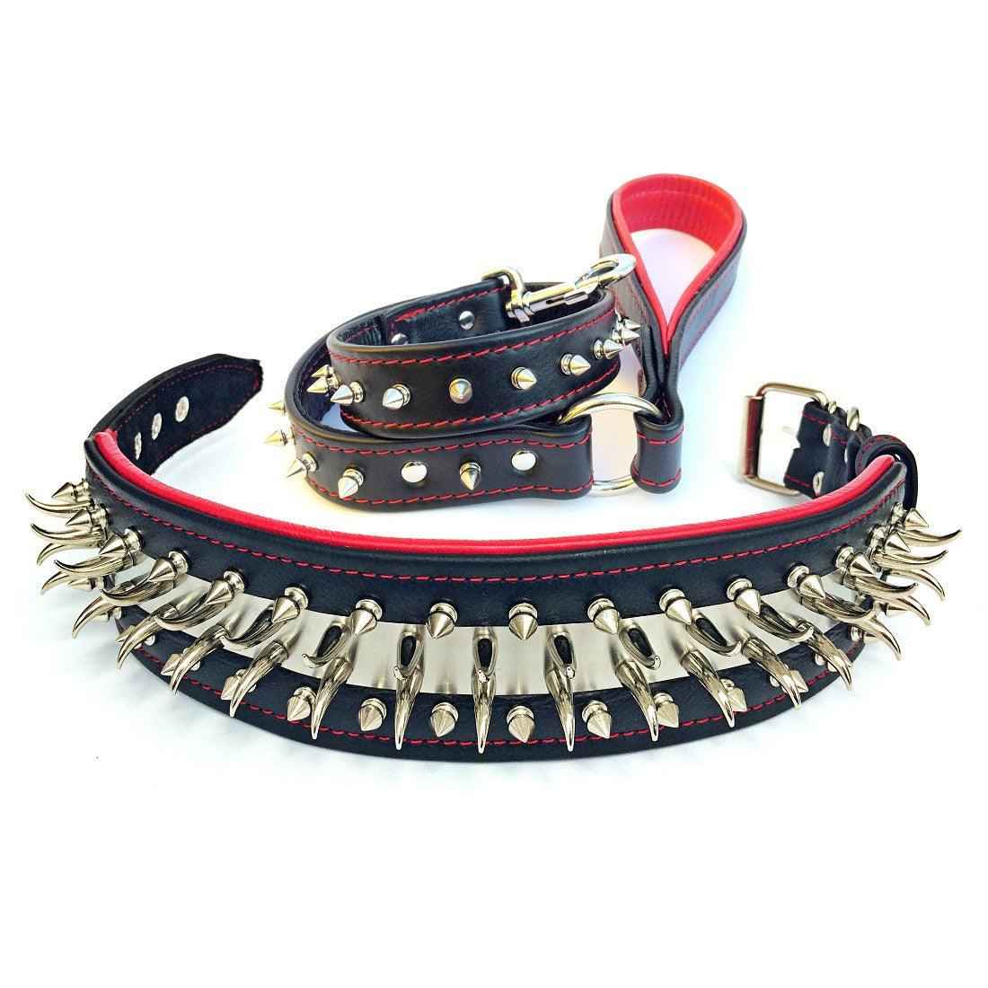 Bestia Spikes & Stainless Steel 2.8-Inch Wide Leather Dog Collar & Leash Set