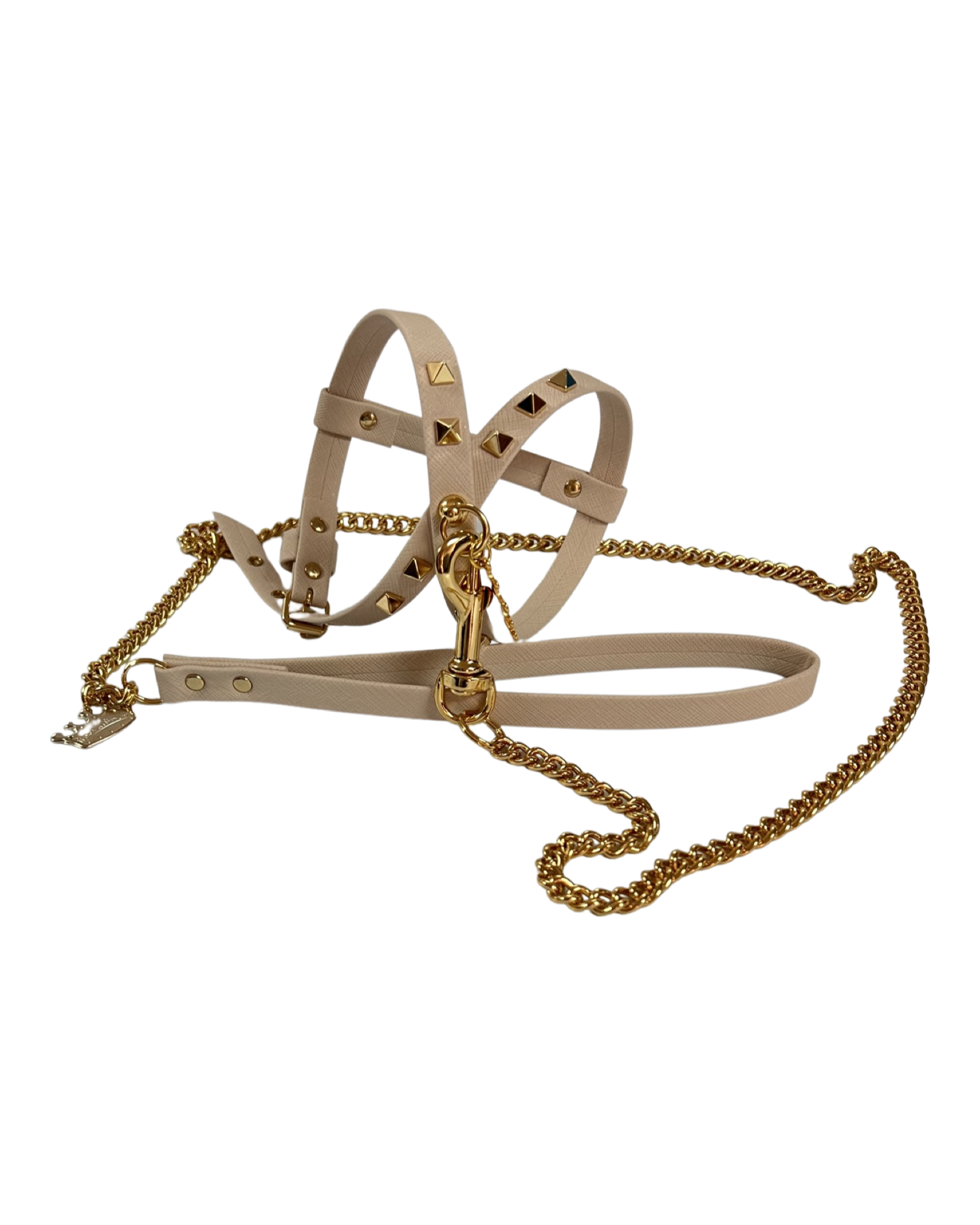 Fashion Dog Harness and Chain Leash Set - Sand with Gold Studs