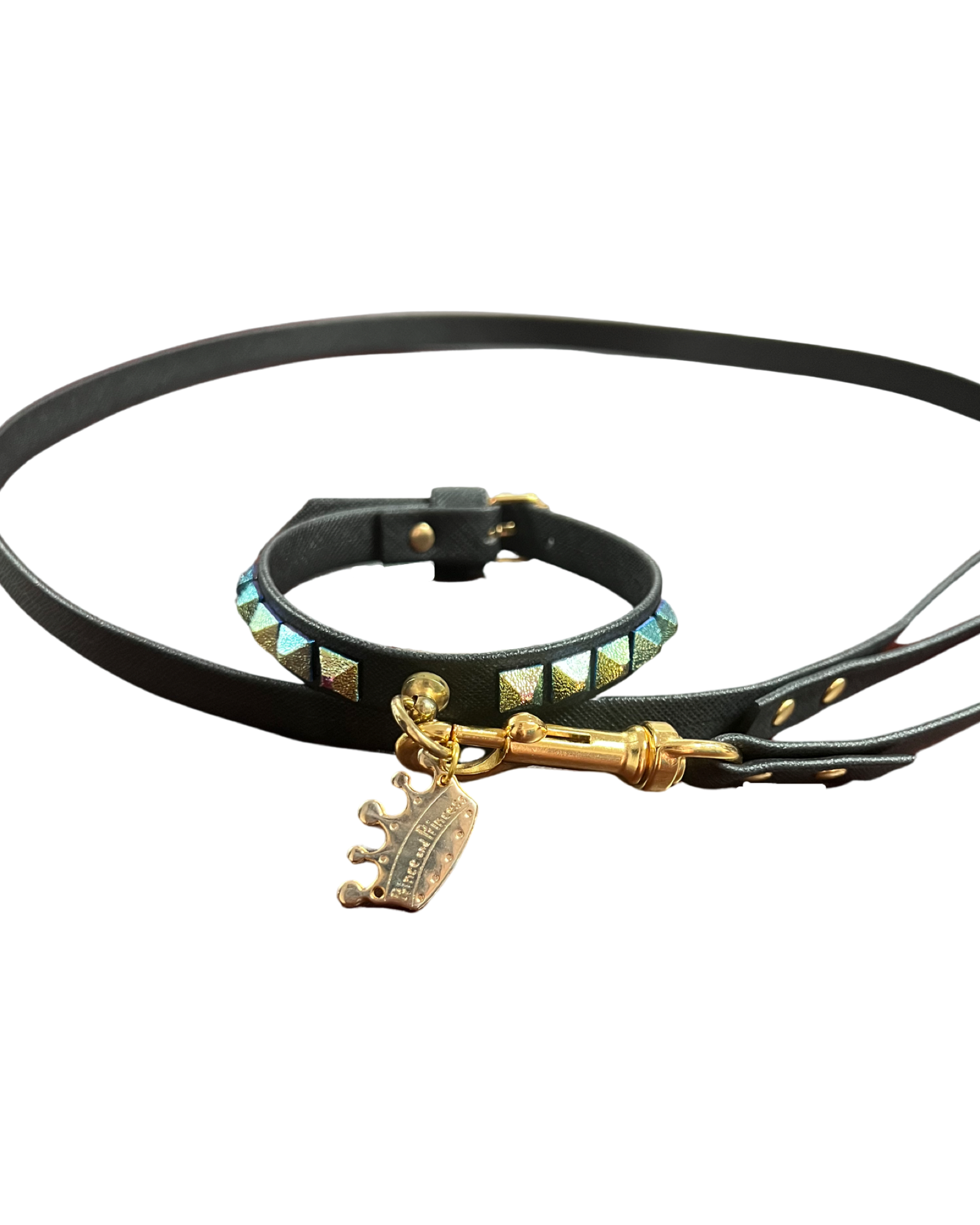 Fashion Collar and Plain Leash Set - Black with Metallic Studs