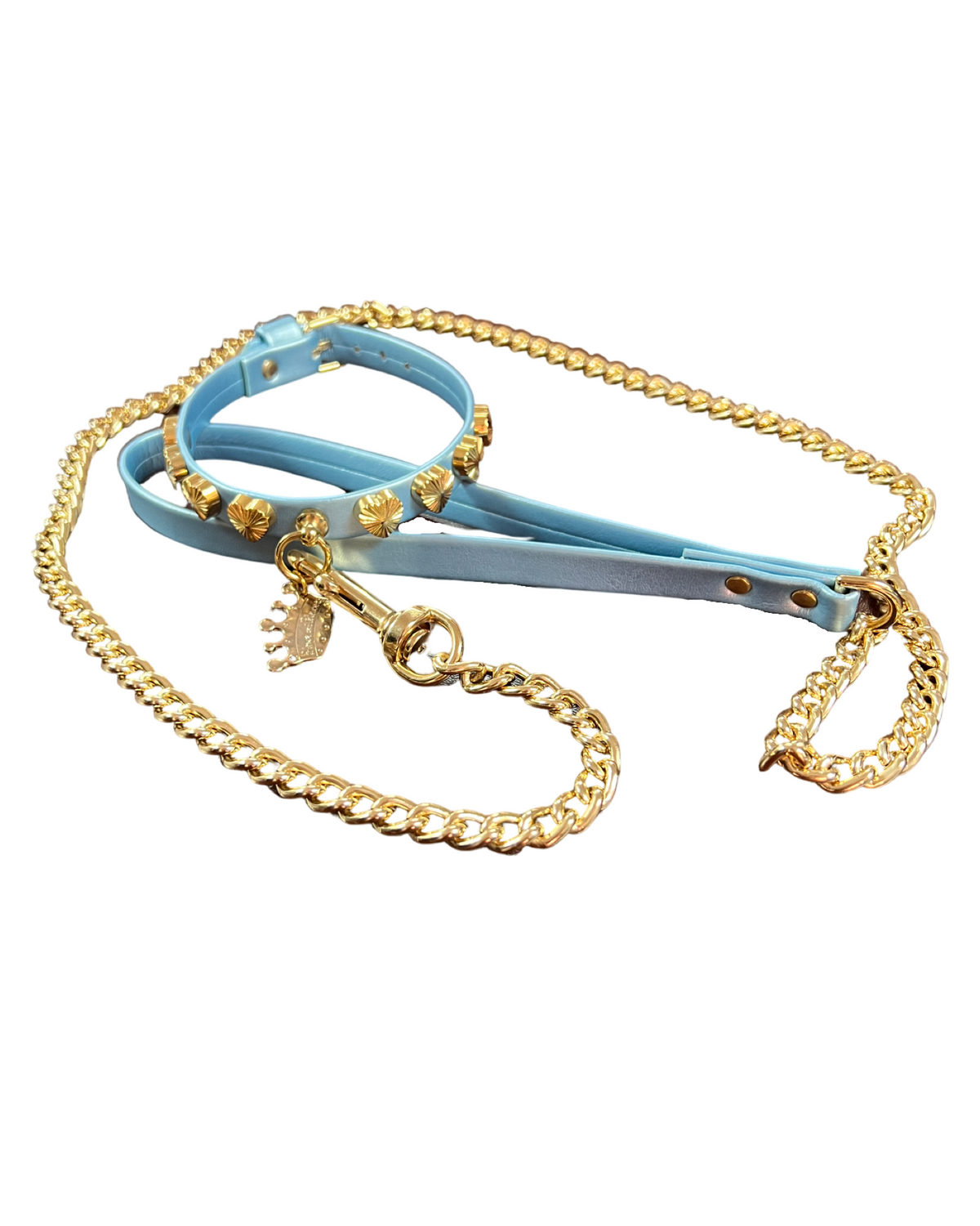 Fashion Collar and Chain Leash Set - Blue with Heart Studs