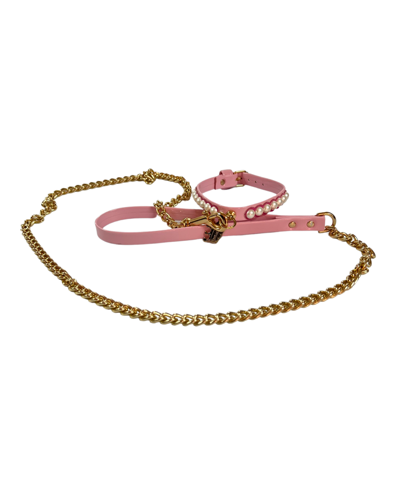 Fashion Collar and Chain Leash Set - Pink with Pearls