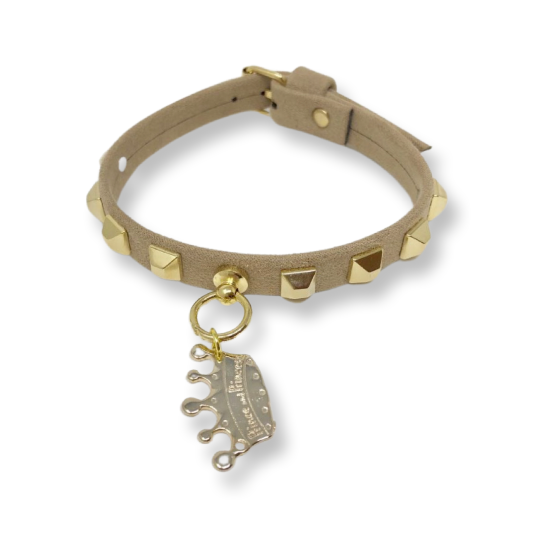 Fashion Collar and Plain Leash Set - Beige Faux Suede with Gold Studs