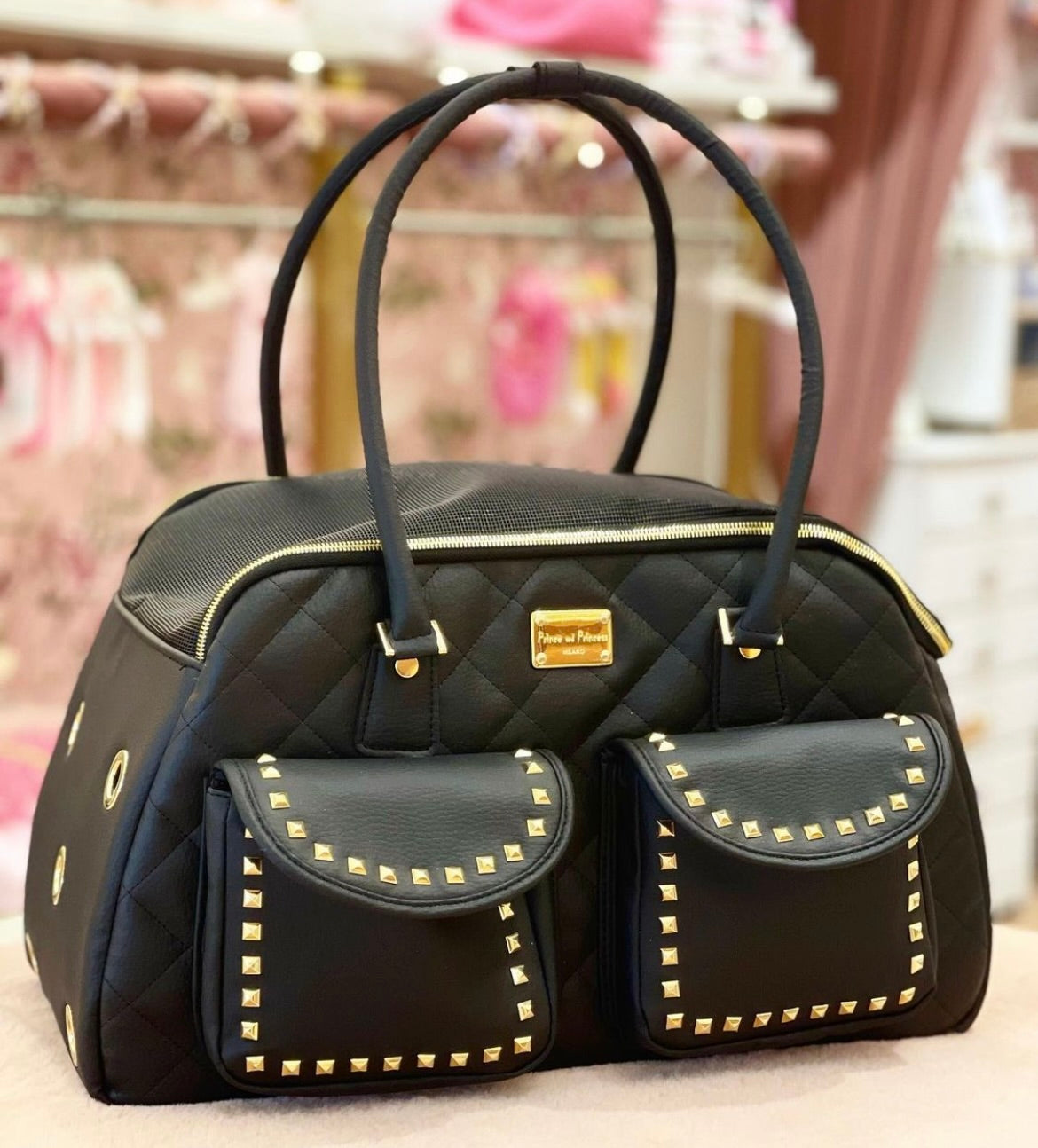 Designer Dog Travel Carrier - Black with Gold Studs