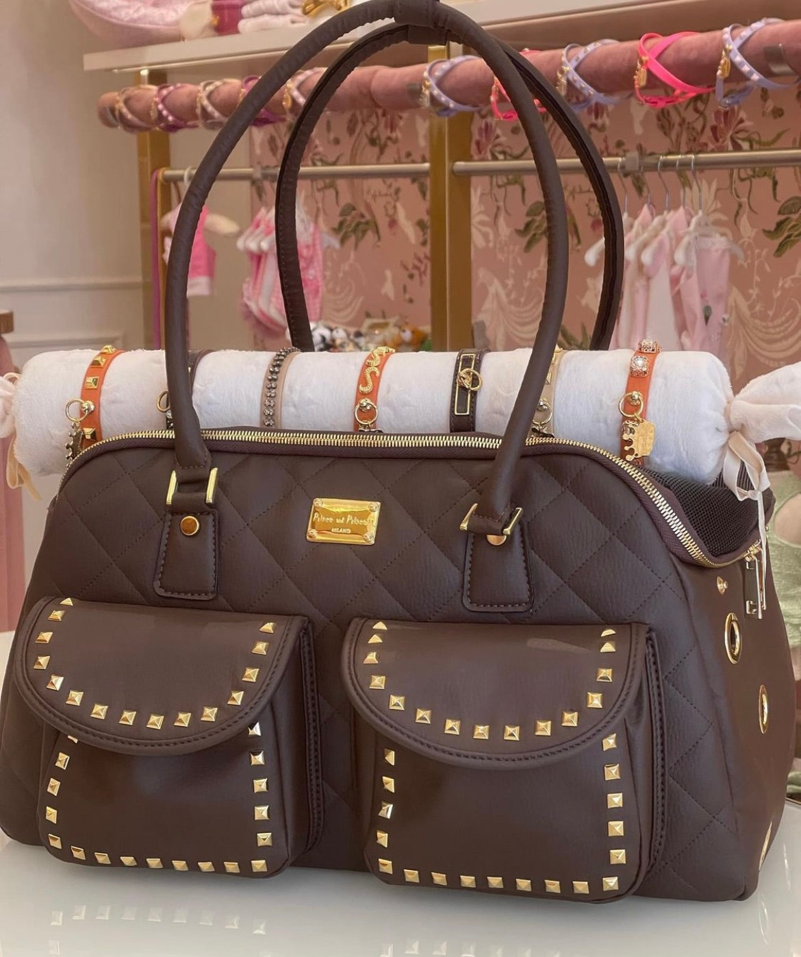 Designer Dog Travel Carrier - Chocolate with Gold Studs