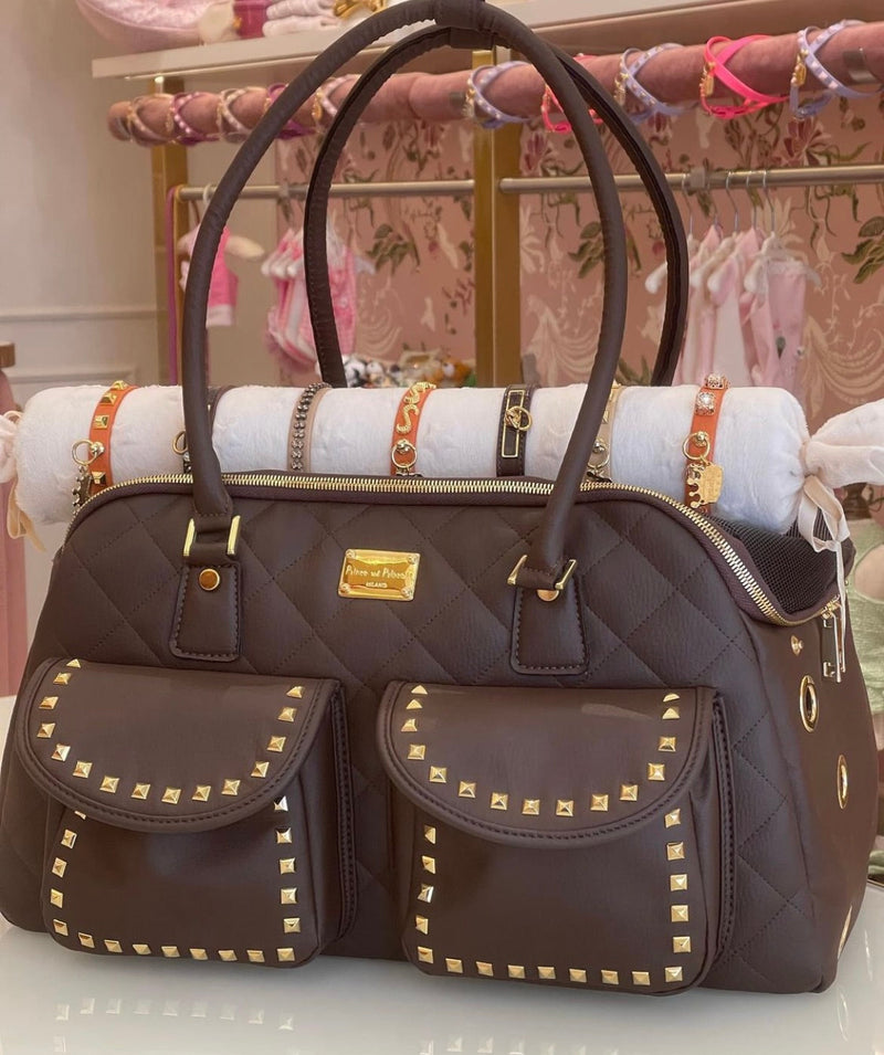 Designer Dog Travel Carrier - Chocolate with Gold Studs