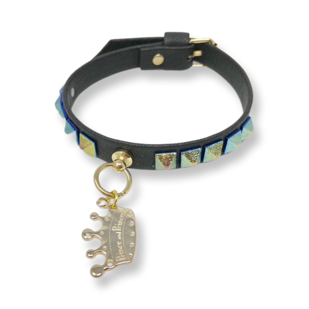 Fashion Collar and Chain Leash Set - Black with Metallic Studs